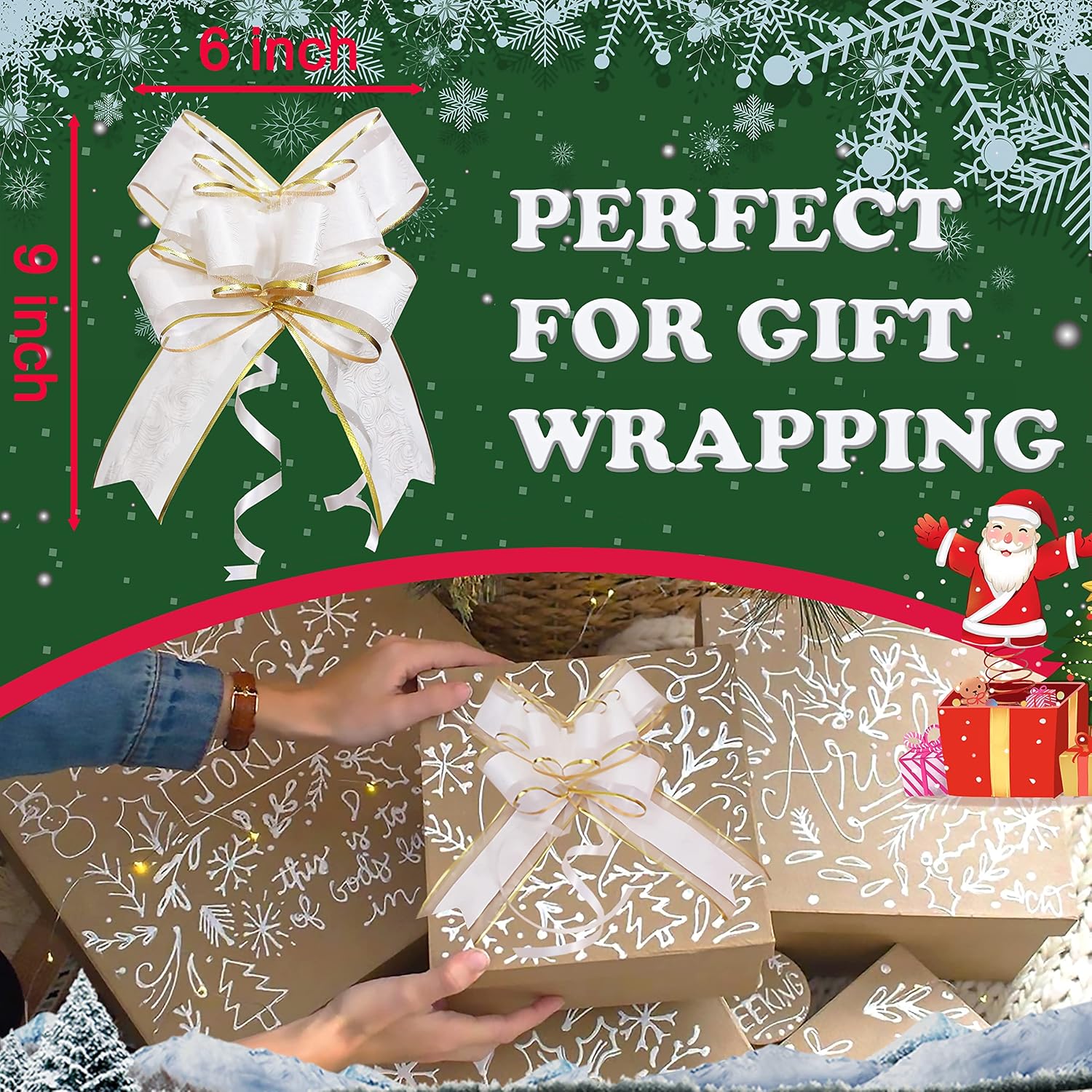 Pull Bows for Gift Wrapping, 15 PCS Large Gift Bow Bulk for Presents Package, Gift Baskets, Christmas, Wedding, and Party Decor (White with Tulle & Gold line, 6 inches) - Image 2