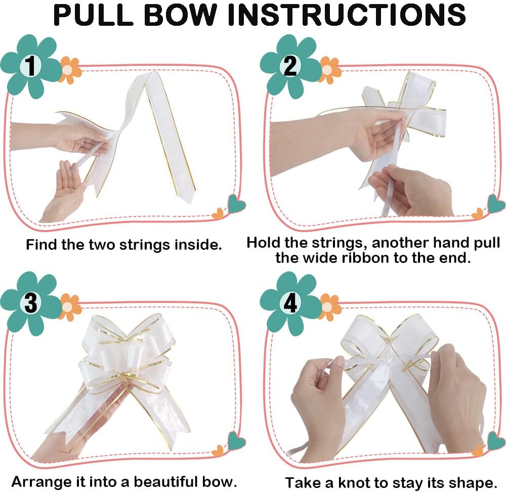 Pull Bows for Gift Wrapping, 15 PCS Large Gift Bow Bulk for Presents Package, Gift Baskets, Christmas, Wedding, and Party Decor (White with Tulle & Gold line, 6 inches) - Image 6