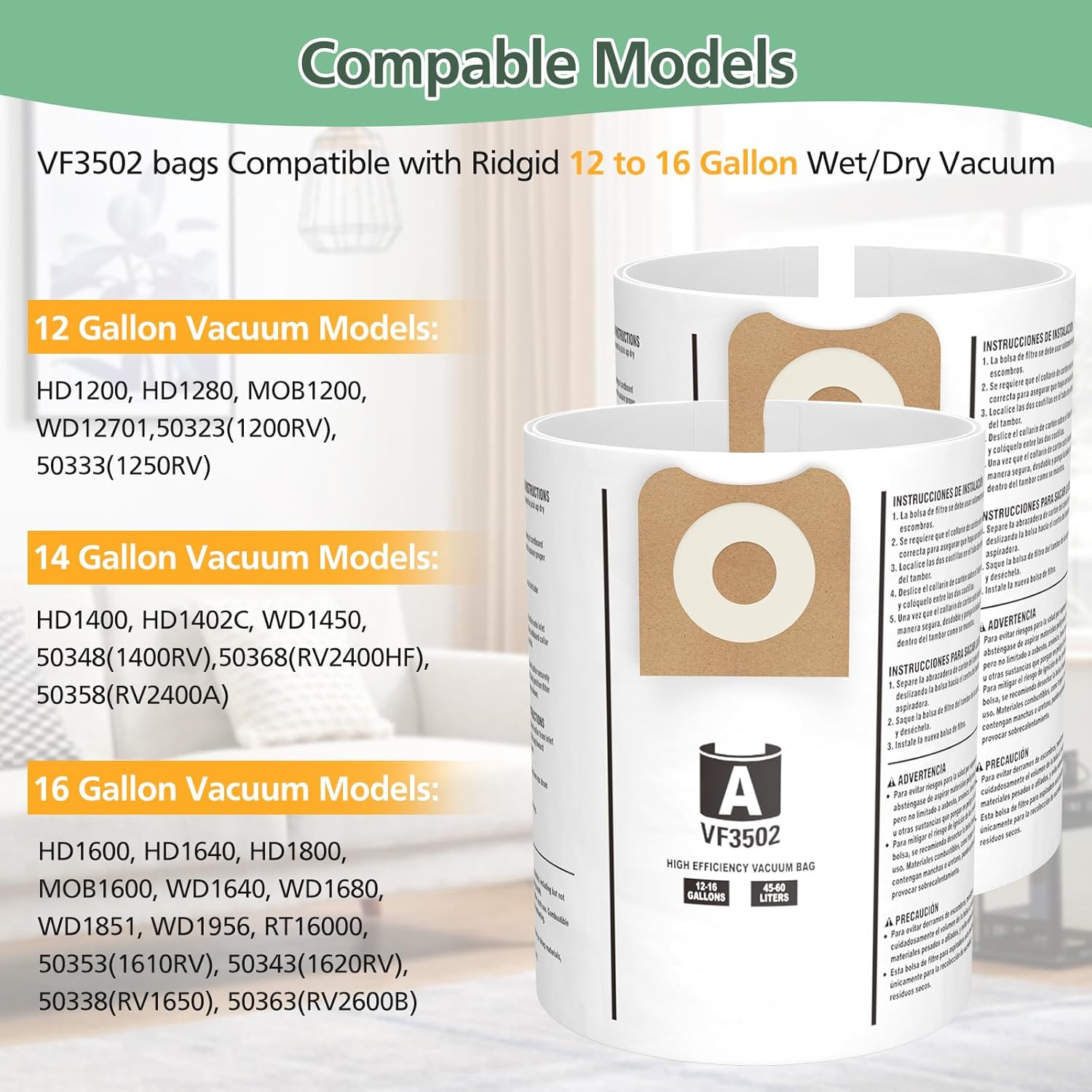 12 Pack 23743 VF3502 Vacuum Bags Compatible with Ridgid 12 to 16 Gallon Wet Dry Vacuums, High Efficiency Replacement Filter Bags for Model WD1950 WD1956 WD1850 WD1851 RV2400HF WD1450 WD1680 WD1270 - Image 2
