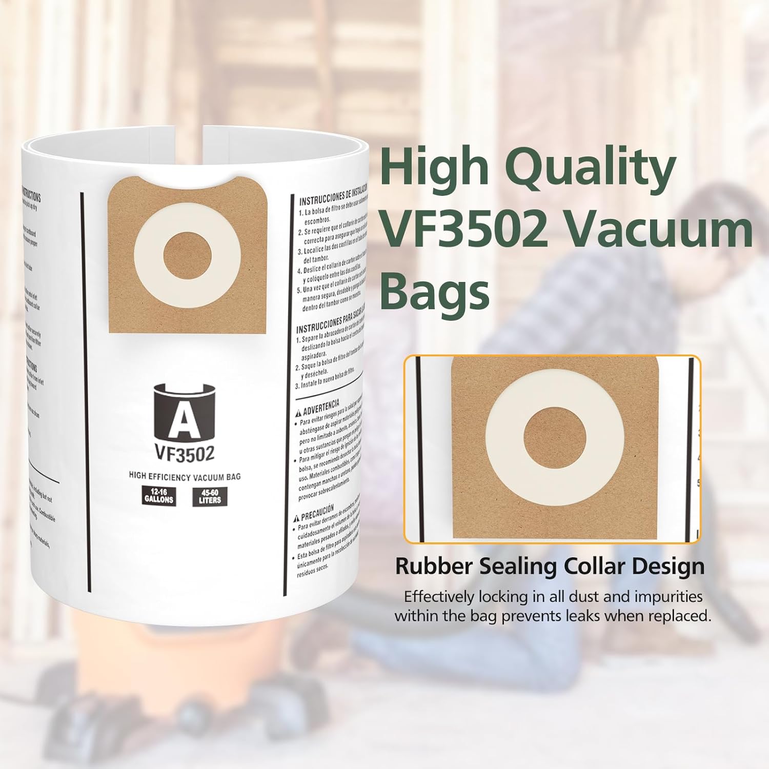 12 Pack 23743 VF3502 Vacuum Bags Compatible with Ridgid 12 to 16 Gallon Wet Dry Vacuums, High Efficiency Replacement Filter Bags for Model WD1950 WD1956 WD1850 WD1851 RV2400HF WD1450 WD1680 WD1270 - Image 5