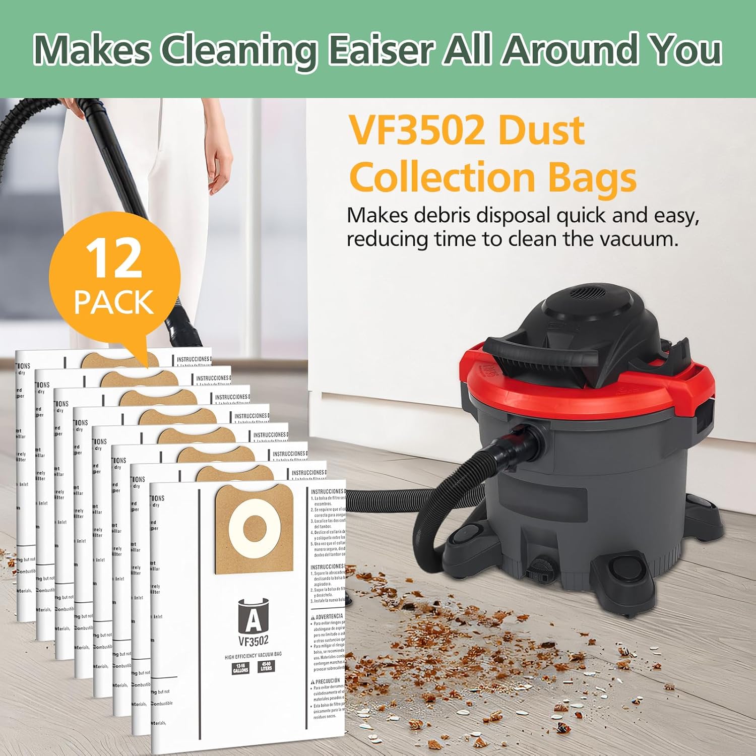 12 Pack 23743 VF3502 Vacuum Bags Compatible with Ridgid 12 to 16 Gallon Wet Dry Vacuums, High Efficiency Replacement Filter Bags for Model WD1950 WD1956 WD1850 WD1851 RV2400HF WD1450 WD1680 WD1270 - Image 6