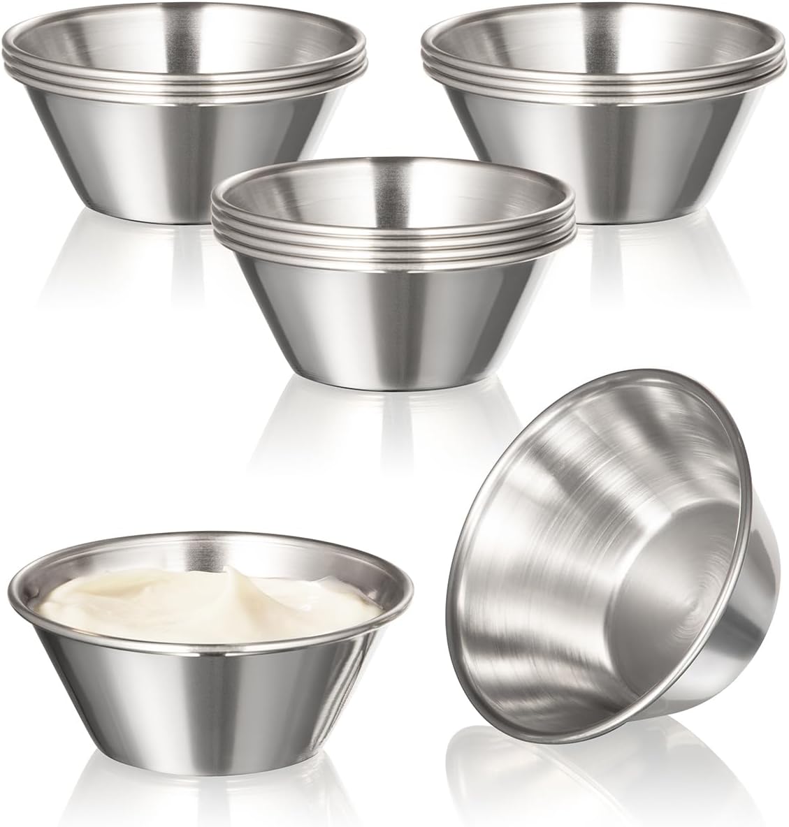 [12 Pack] 1.5 oz Stainless Steel Dipping Sauce Cups, Reusable Metal Ramekins, Commercial Grade Condiment Bowls, Individual Portion Cups, Small Round Au Jus for Home, Restaurant - Image 1