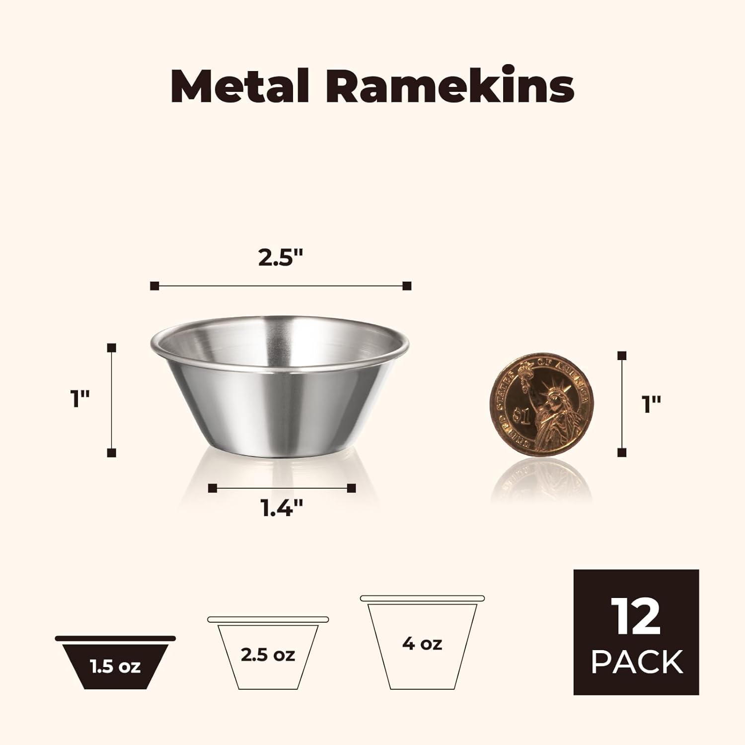[12 Pack] 1.5 oz Stainless Steel Dipping Sauce Cups, Reusable Metal Ramekins, Commercial Grade Condiment Bowls, Individual Portion Cups, Small Round Au Jus for Home, Restaurant - Image 2