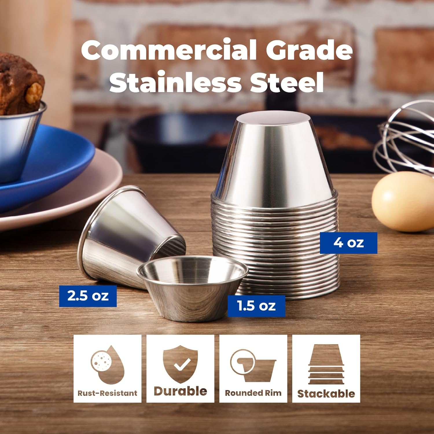 [12 Pack] 1.5 oz Stainless Steel Dipping Sauce Cups, Reusable Metal Ramekins, Commercial Grade Condiment Bowls, Individual Portion Cups, Small Round Au Jus for Home, Restaurant - Image 3