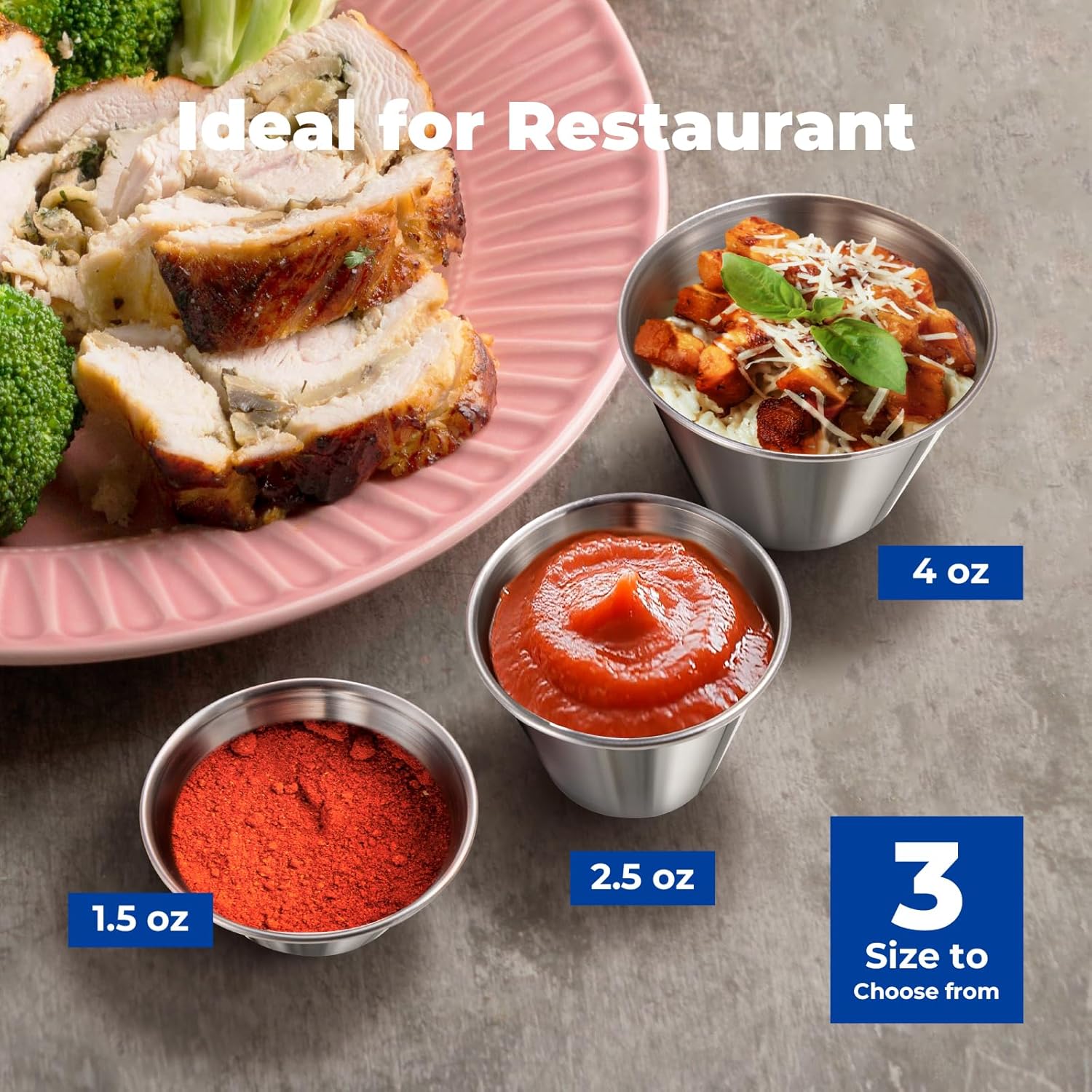 [12 Pack] 1.5 oz Stainless Steel Dipping Sauce Cups, Reusable Metal Ramekins, Commercial Grade Condiment Bowls, Individual Portion Cups, Small Round Au Jus for Home, Restaurant - Image 4