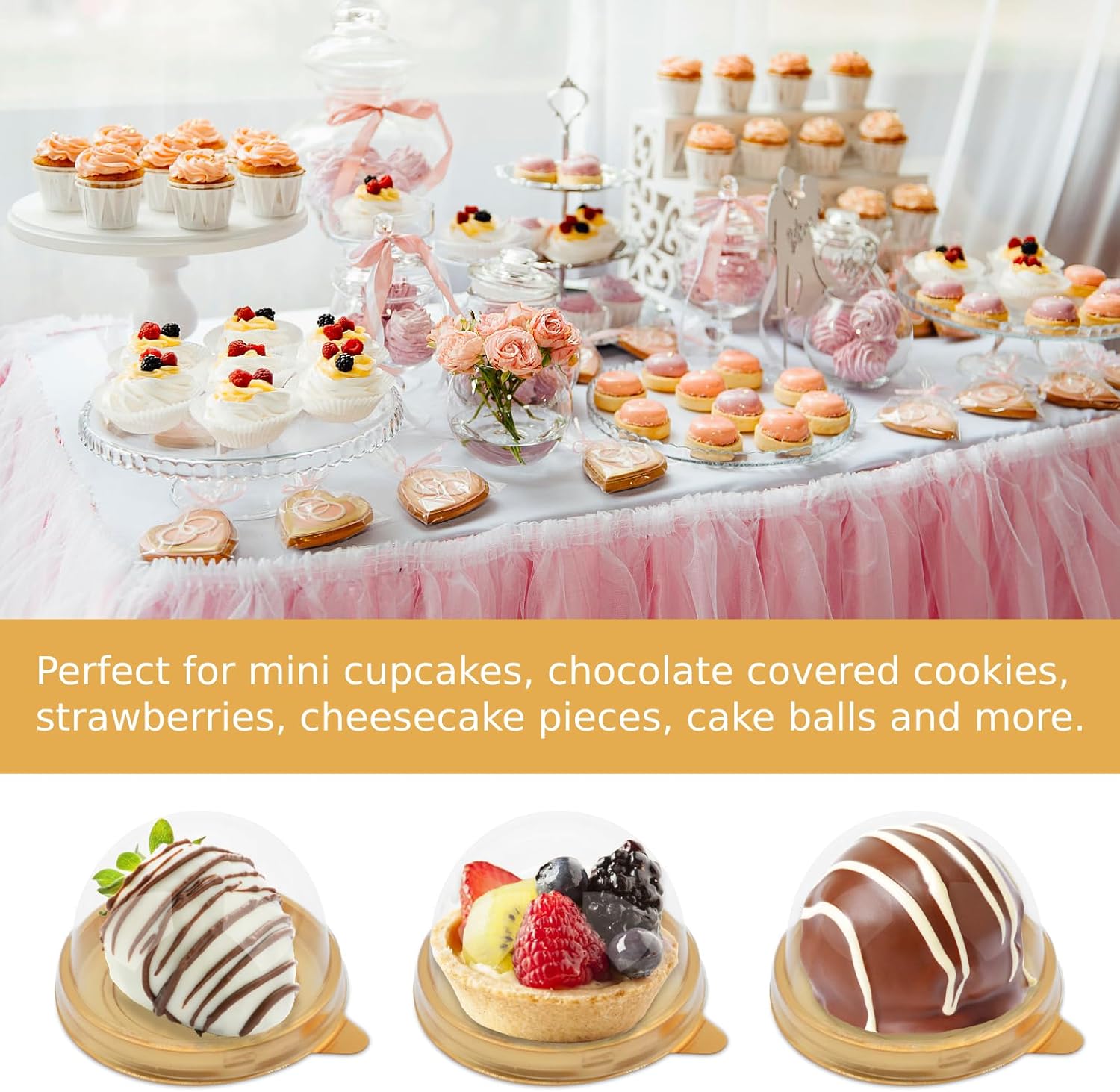 50 Pack Mini Cake Containers, Clear Plastic Small Cupcake Boxes with Dome Lids for Individual Chocolate Covered Cookies, Strawberry, Mooncake (Gold) - Image 3