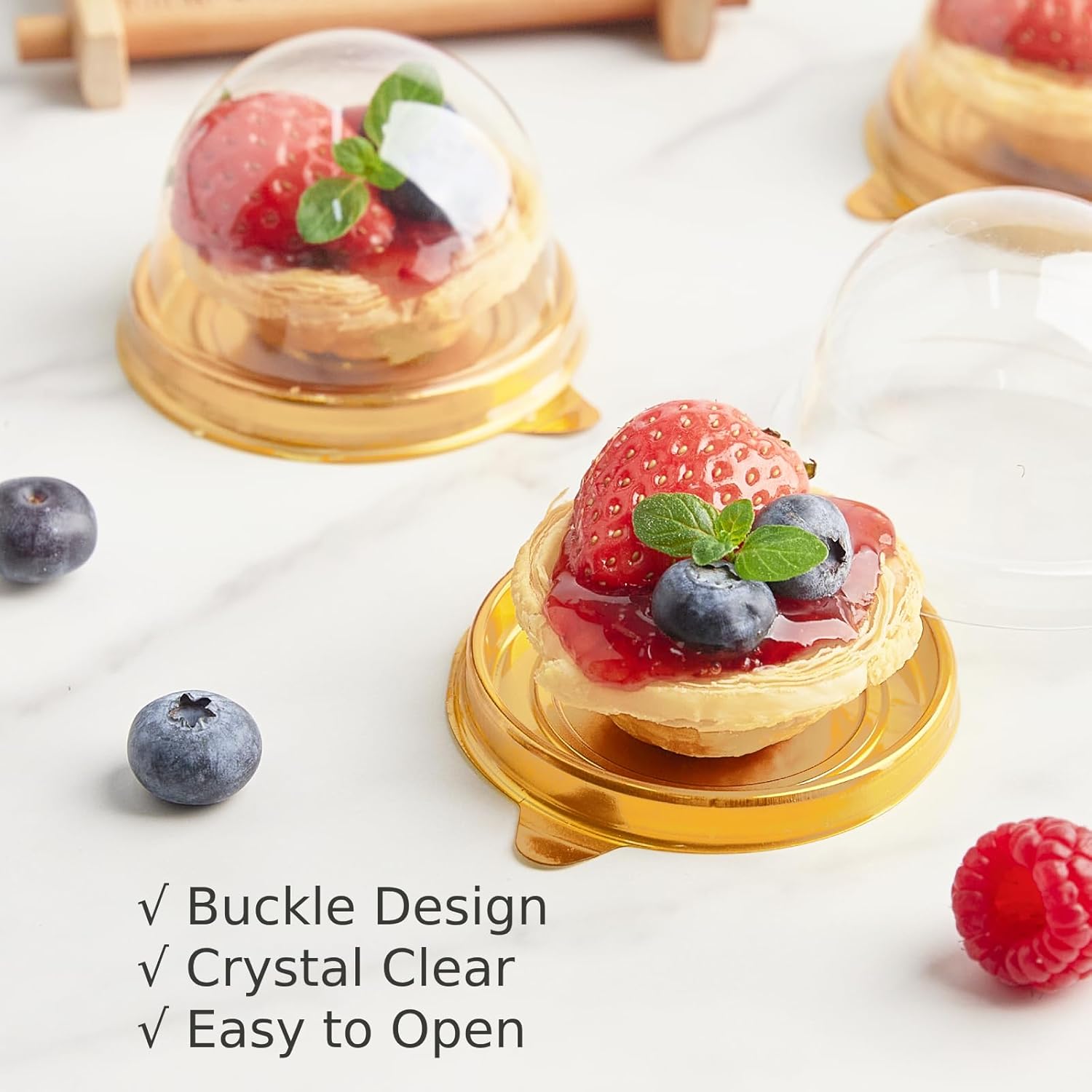 50 Pack Mini Cake Containers, Clear Plastic Small Cupcake Boxes with Dome Lids for Individual Chocolate Covered Cookies, Strawberry, Mooncake (Gold) - Image 5
