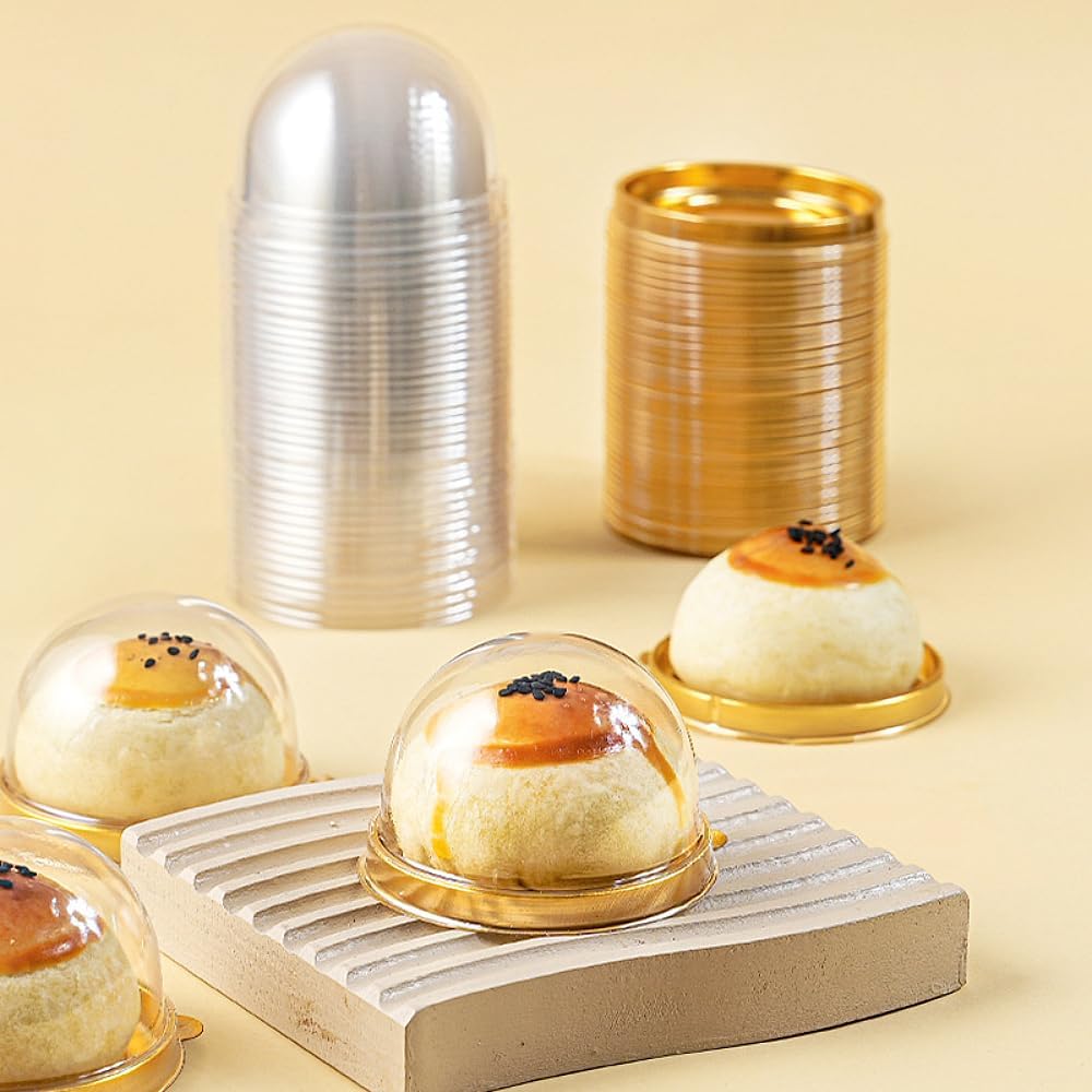 50 Pack Mini Cake Containers, Clear Plastic Small Cupcake Boxes with Dome Lids for Individual Chocolate Covered Cookies, Strawberry, Mooncake (Gold) - Image 7