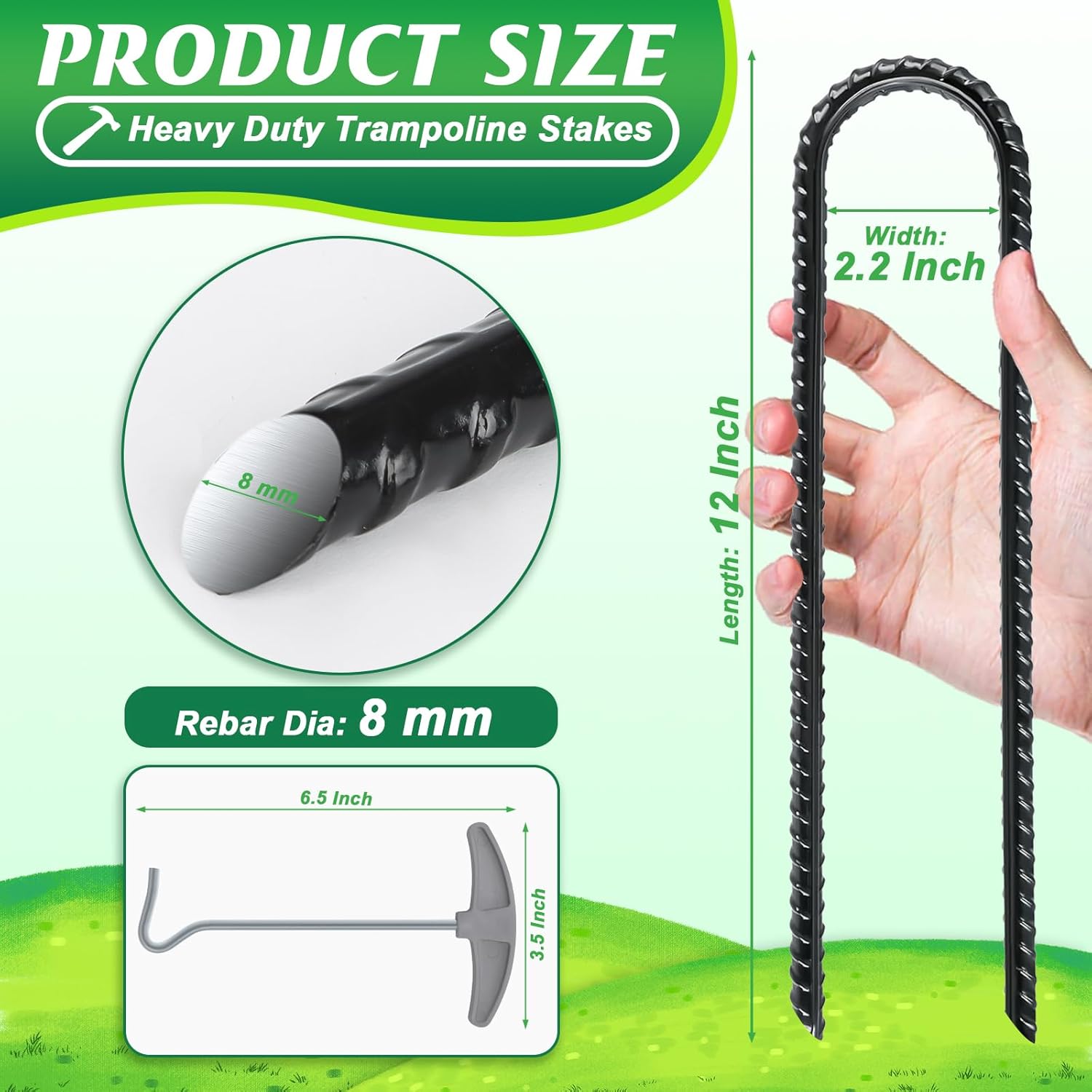 Trampolines Wind Stakes,Heavy Duty U Shaped Rebar Tent Stakes Ground Anchors Galvanized Steel Safety Trampoline Anchors for Camping Tents, Soccer Goals - Image 2