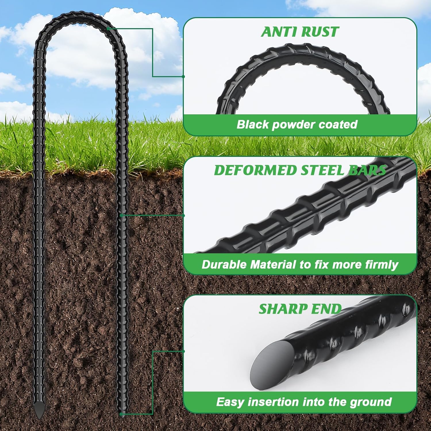 Trampolines Wind Stakes,Heavy Duty U Shaped Rebar Tent Stakes Ground Anchors Galvanized Steel Safety Trampoline Anchors for Camping Tents, Soccer Goals - Image 3