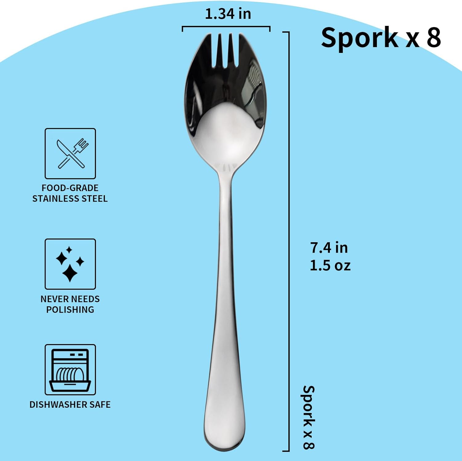 Sporks, 8-Pack Food-grade Stainless Steel Sporks, 7.4 Inches Long Handle Salad Forks For Dessert, Ice Cream, Salad, Soup, Noodle, Spaghetti, Dishwasher Safe - Image 4