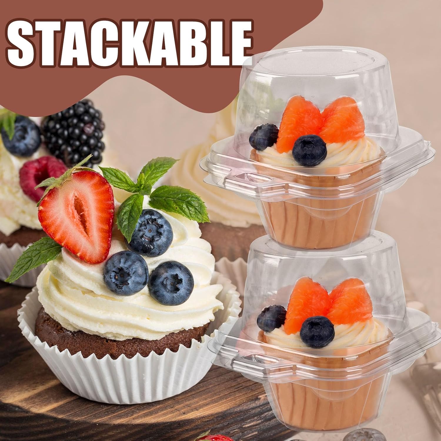 50 Pcs Cupcake Boxes Plastic Individual Cupcake Containers Single Cupcake Carrier with Connected Airtight Dome Lid for Party - Image 7