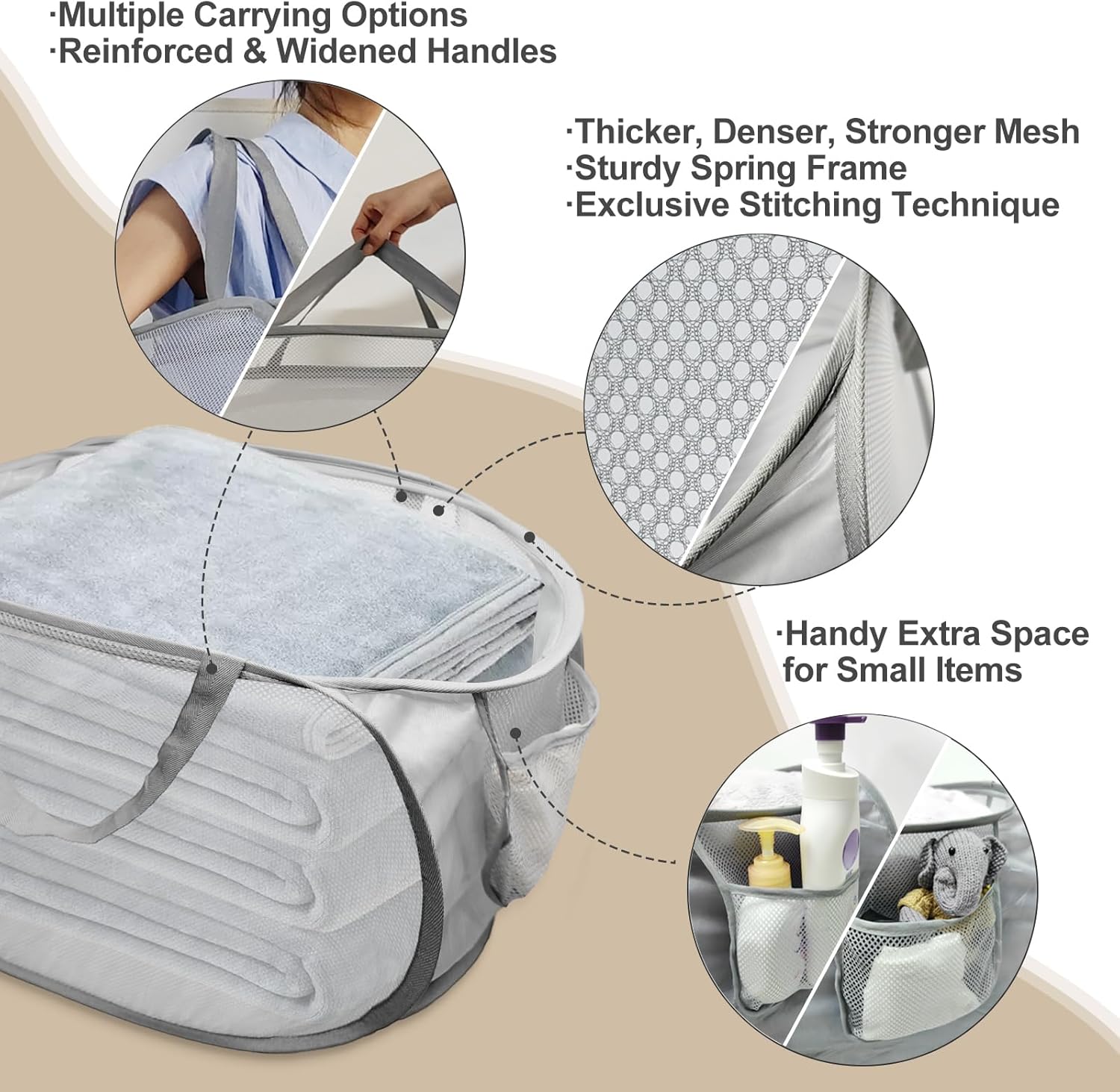 Upgraded Collapsible Laundry Baskets, Durable Pop Up Laundry Hamper, 4th Generation Mesh Laundry Bags with Reinforced Handles & Side Pocket for Laundry, Home Storage, Bathroom, Travel, Dorm - Image 4
