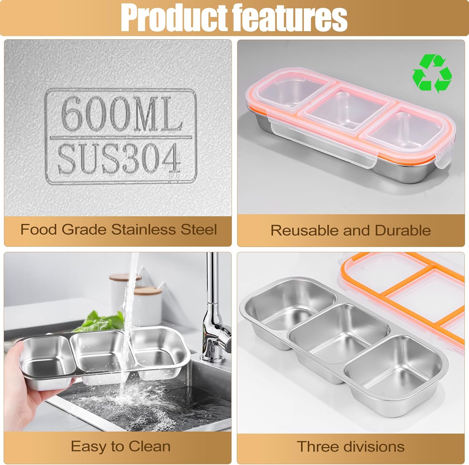 Stainless Steel Snack Containers - Reusable 3 Compartment Snackle Box Container with Lids for Kids Adults, Divided Snack Food Storage Containers for School, Home, Travel - Image 7