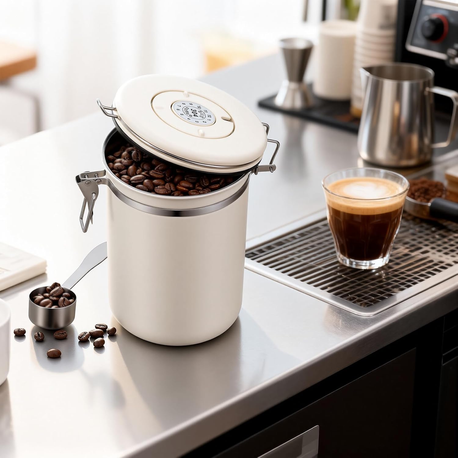 Stainless Steel Coffee Canister - 22OZ Airtight Coffee Bean Storage Grounds Container Holder with Date Tracker & Measuring Scoop, Kitchen Food Canister Jar for Cereal, Sugar, Tea, Flour, Gifts - Image 2