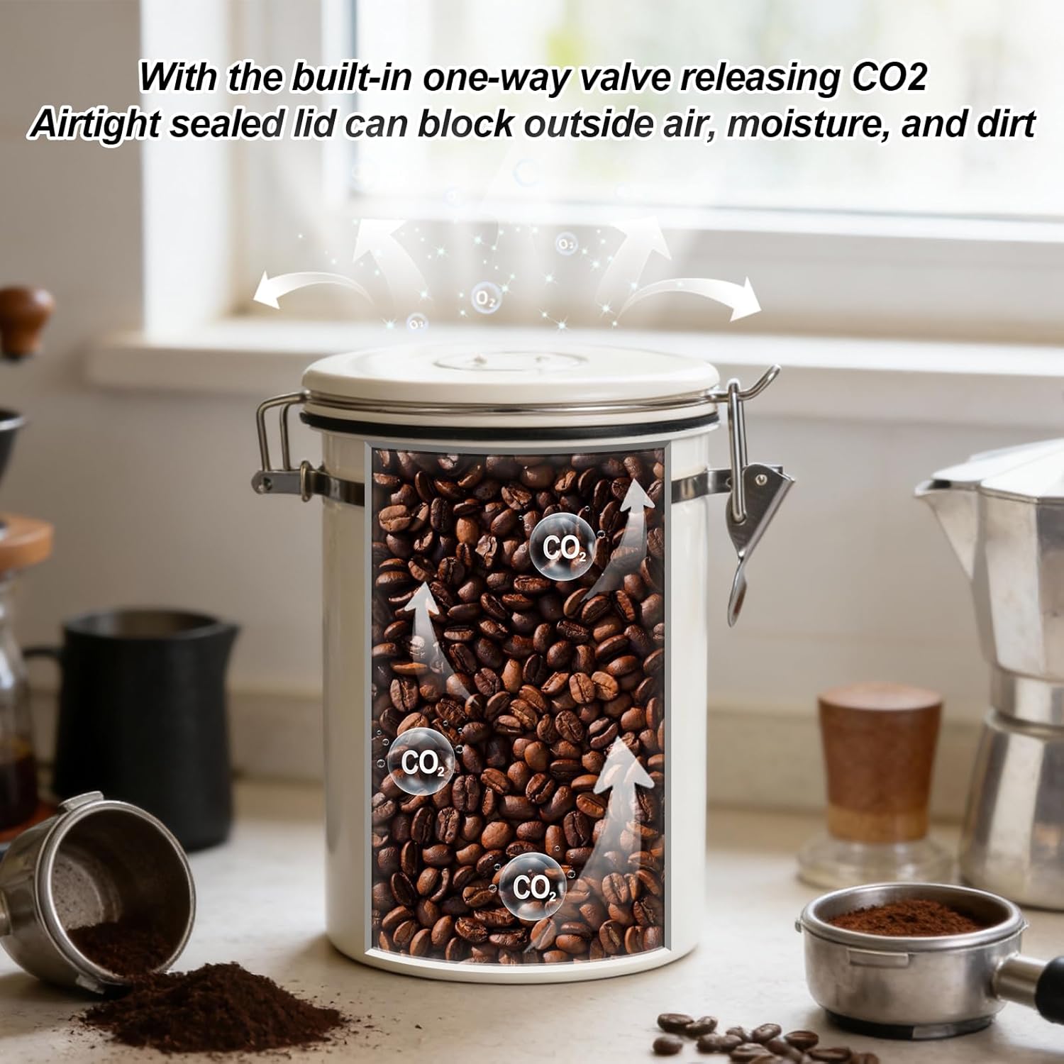 Stainless Steel Coffee Canister - 22OZ Airtight Coffee Bean Storage Grounds Container Holder with Date Tracker & Measuring Scoop, Kitchen Food Canister Jar for Cereal, Sugar, Tea, Flour, Gifts - Image 4