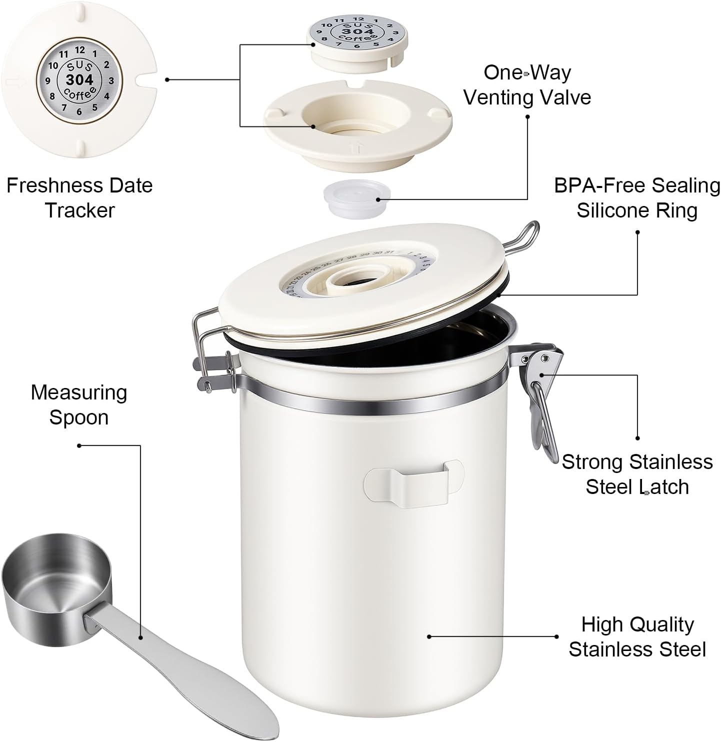 Stainless Steel Coffee Canister - 22OZ Airtight Coffee Bean Storage Grounds Container Holder with Date Tracker & Measuring Scoop, Kitchen Food Canister Jar for Cereal, Sugar, Tea, Flour, Gifts - Image 5
