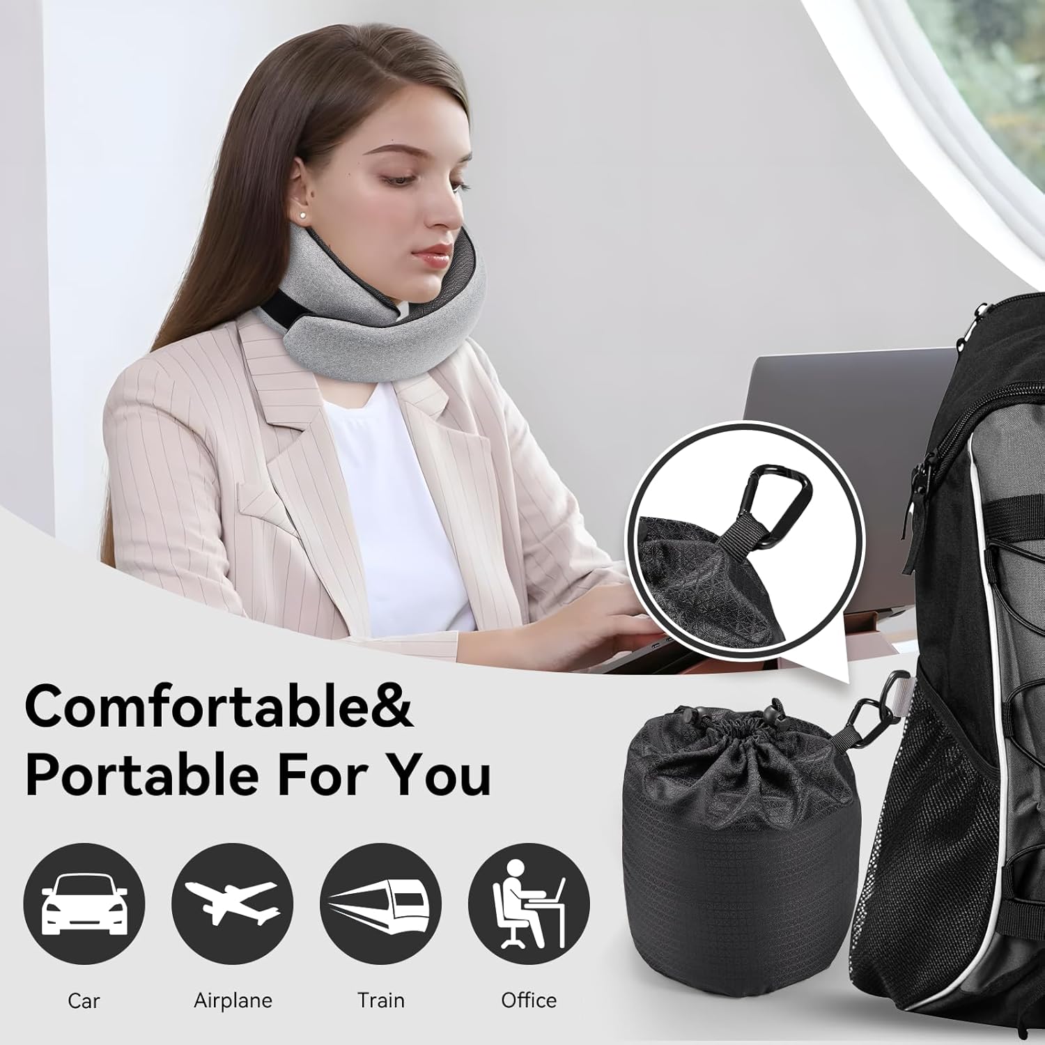 Travel Pillow, 100% Pure Memory Foam Neck Pillow for Airplanes, Comfortable Breathable Cover, Travel Essentials for Plane, Car, Train and Home, Gray - Image 3