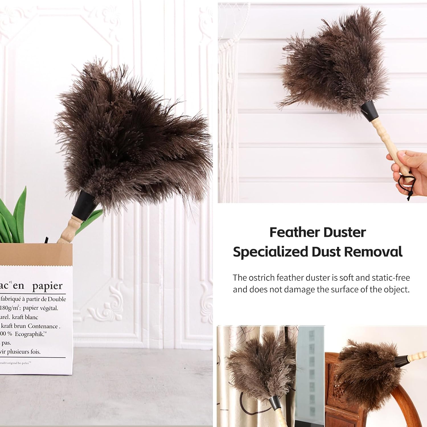 Ostrich Feather Duster 14 inch Feather Duster Fluffy Natural Genuine Ostrich Feathers with Wooden Handle and Eco-Friendly Reusable Handheld Ostrich Feather Duster for Cleaning Supplies - Image 6