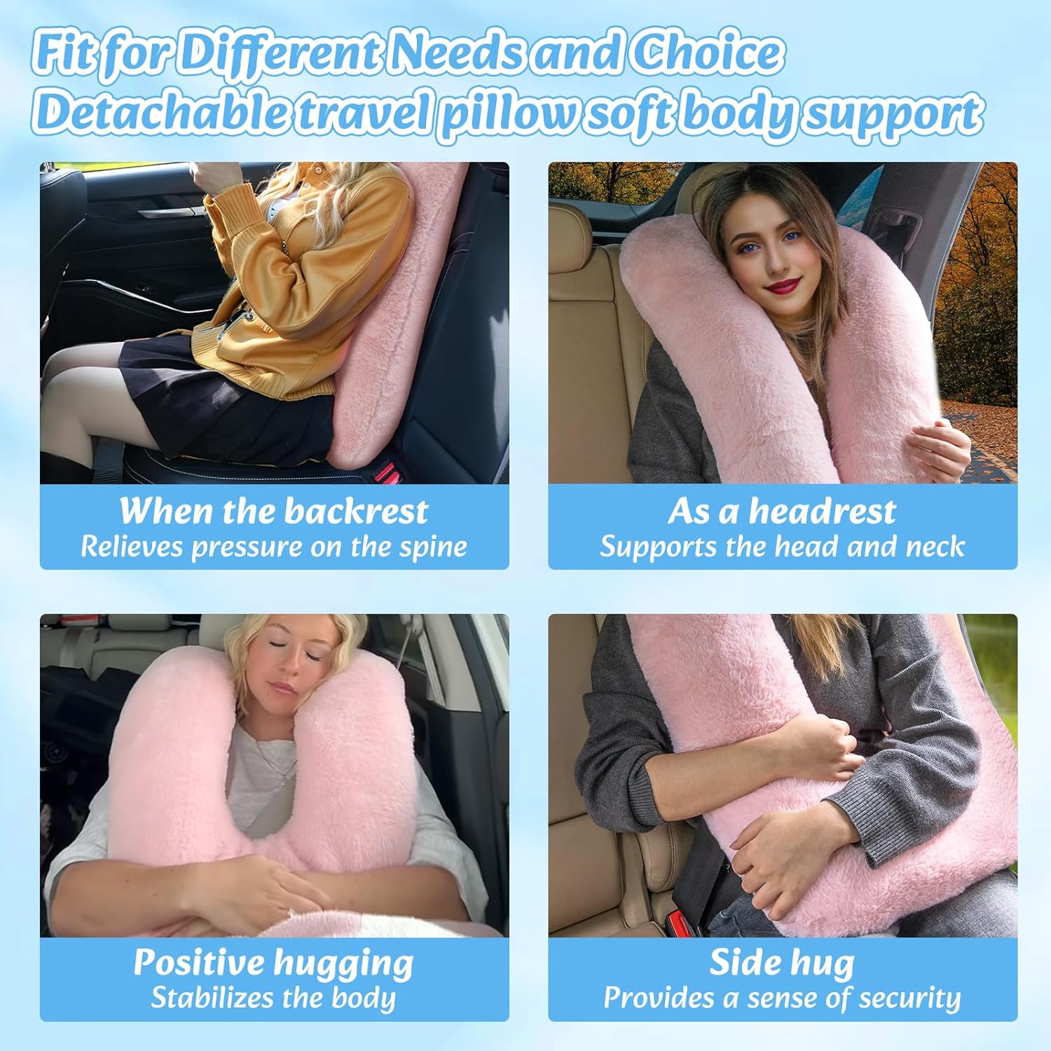 Travel Pillow, Car Pillow for Kids & Adults - Ergonomic Travel Pillows Sleeping Aid for Neck & Body Support, Car Travel Essentials Pillow on Road Trips-Pink - Image 3