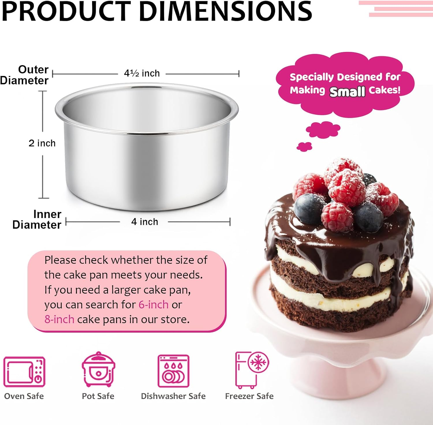 4 Inch Small Cake Pan Set of 3, Stainless Steel Mini Round Smash Cake Baking Pans, Non-Toxic & Healthy, Mirror Finish & Dishwasher Safe - Image 2