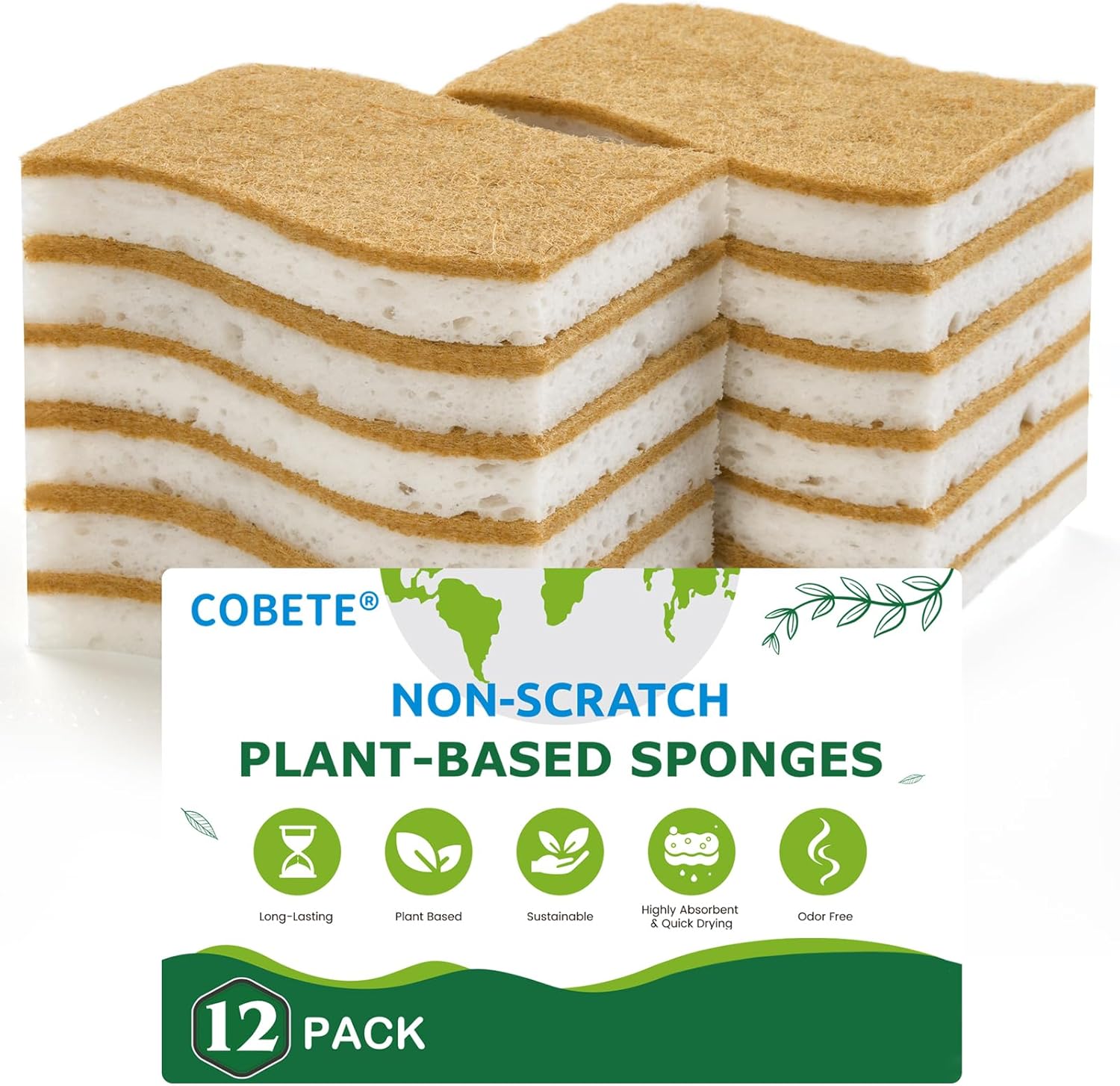 12 Pack Natural Biodegradable Kitchen Non Scratch Sponges,Compostable Plant Based Coconut Cellulose Sponge,Eco Friendly Reusable Dish Scrubber Sponge for Pots, Pans & Household Cleaning - Image 1