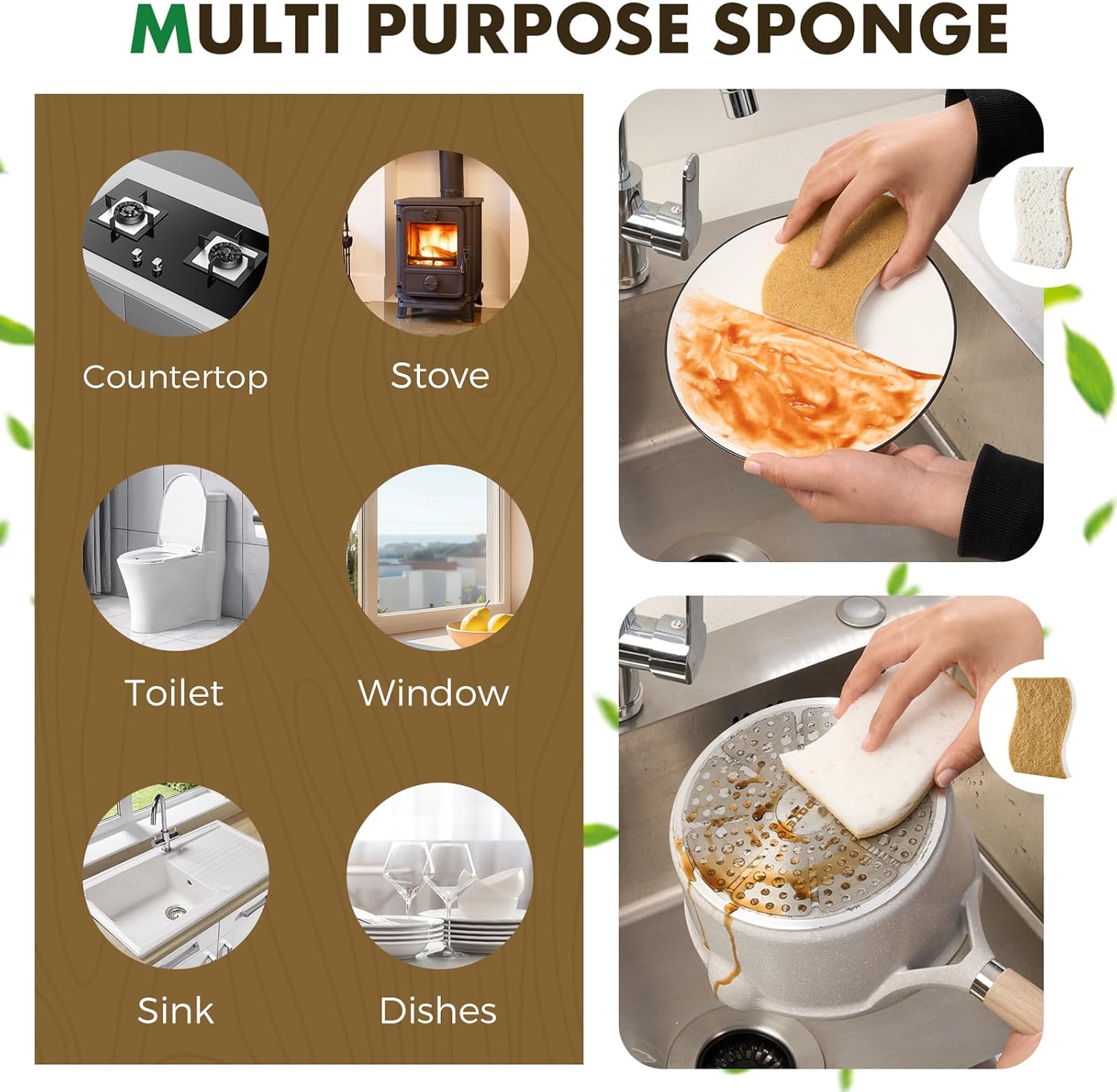 12 Pack Natural Biodegradable Kitchen Non Scratch Sponges,Compostable Plant Based Coconut Cellulose Sponge,Eco Friendly Reusable Dish Scrubber Sponge for Pots, Pans & Household Cleaning - Image 5