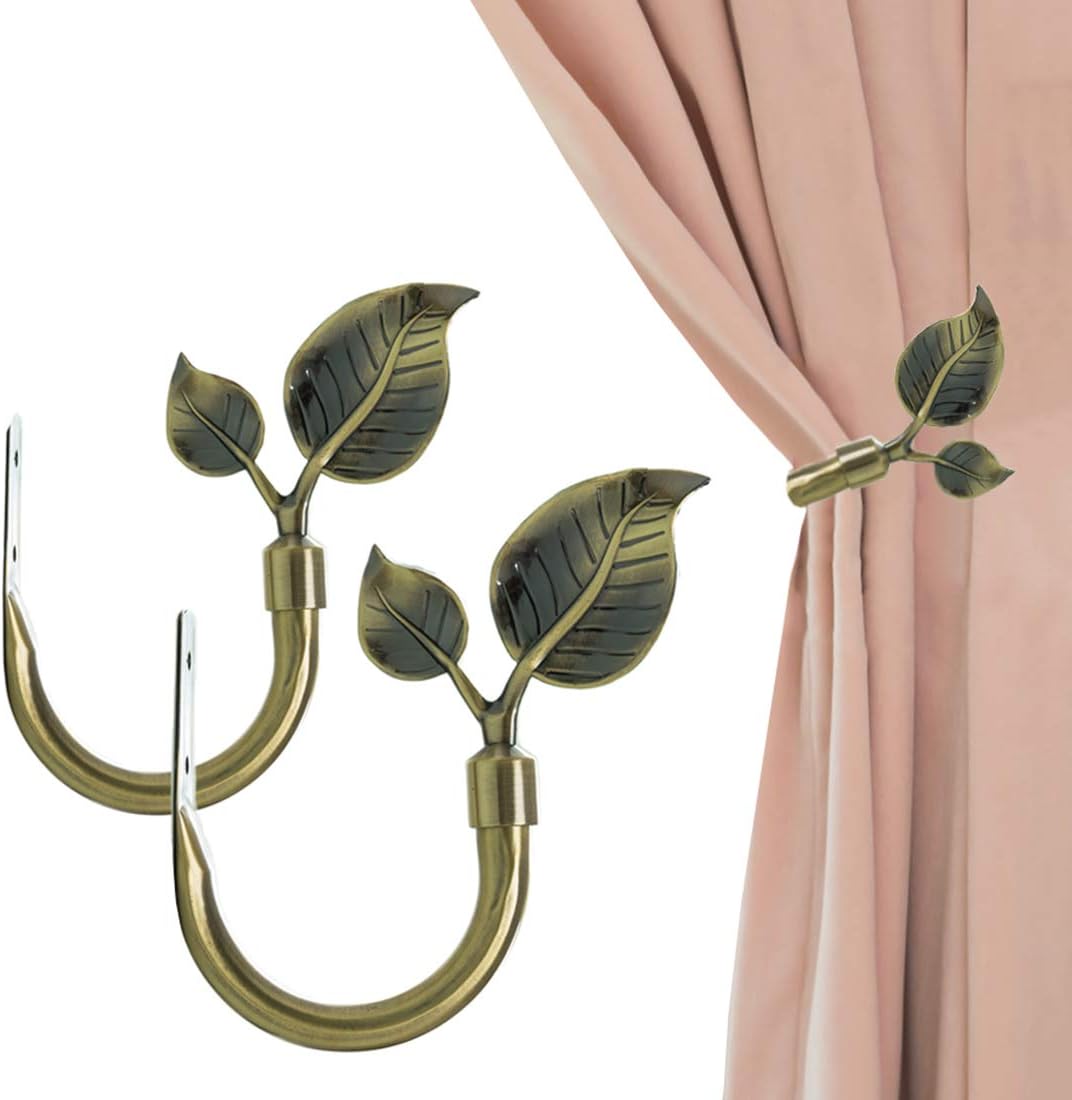 Leaf Shaped Curtain Tieback Holdbacks 2pcs, Handmade Metal Curtain Side Holders for Wall, Curtain Hook Pull Backs for Drapes Window Decoration (Antique Brass) - Image 1