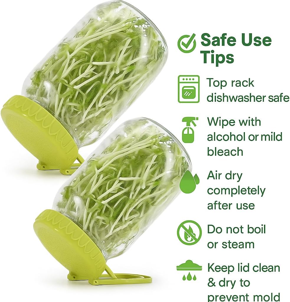 Sprouting Kit for Wide Mouth Mason Jars, 2-Pack BPA-Free One-Piece Sprouting Lids with Built-In Stand, Seed Germination Jar Sprouter Lid, Fits Wide Mouth Jars (3.38