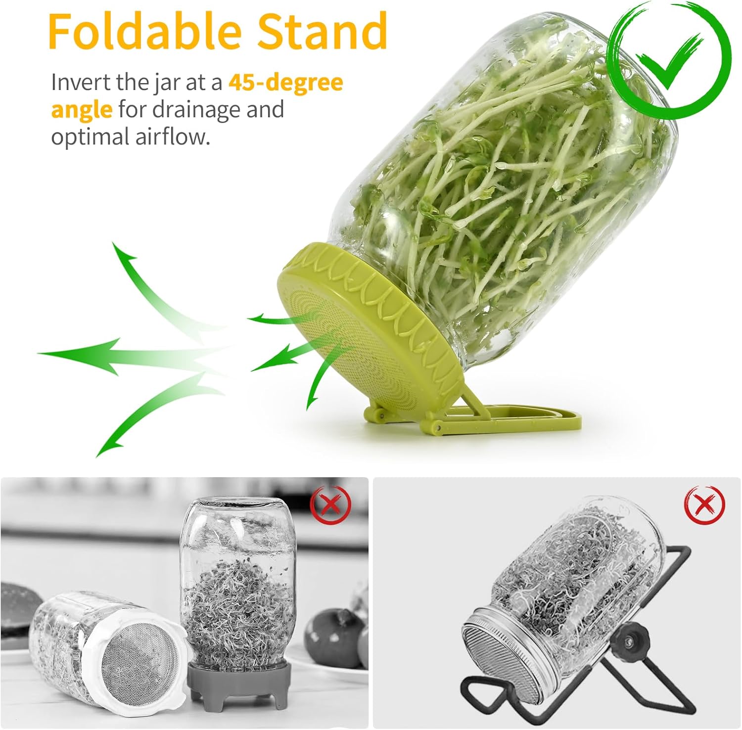 Sprouting Kit for Wide Mouth Mason Jars, 2-Pack BPA-Free One-Piece Sprouting Lids with Built-In Stand, Seed Germination Jar Sprouter Lid, Fits Wide Mouth Jars (3.38