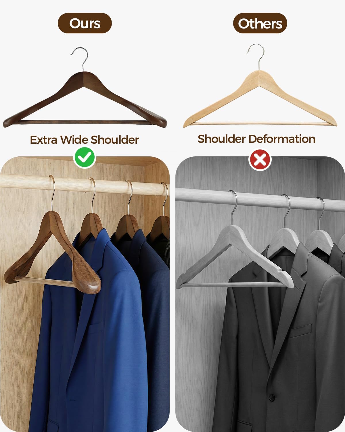 Premium Wooden Hangers 6-Pack – Wide Shoulder Non-Slip Design for Coats, Jackets & Suits | 360° Rotating Closet Organizers | Durable & Space-Saving (Vintage Wood) - Image 2