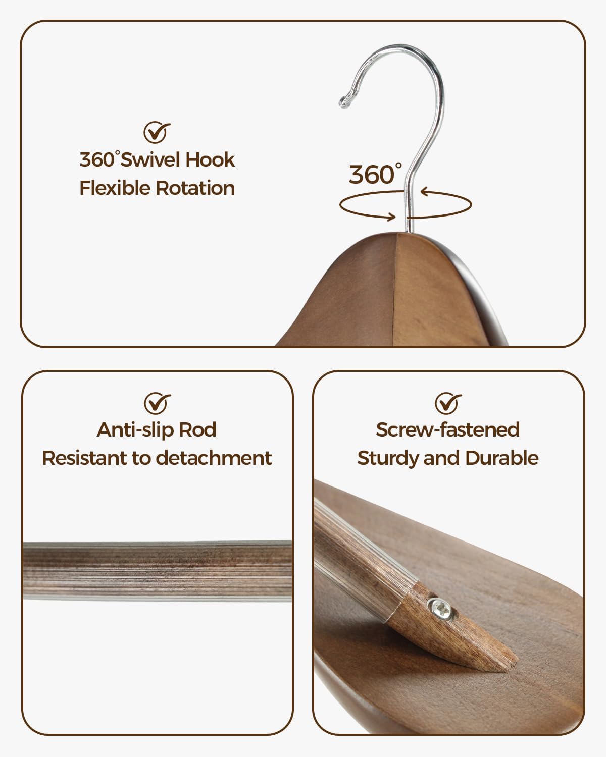 Premium Wooden Hangers 6-Pack – Wide Shoulder Non-Slip Design for Coats, Jackets & Suits | 360° Rotating Closet Organizers | Durable & Space-Saving (Vintage Wood) - Image 3