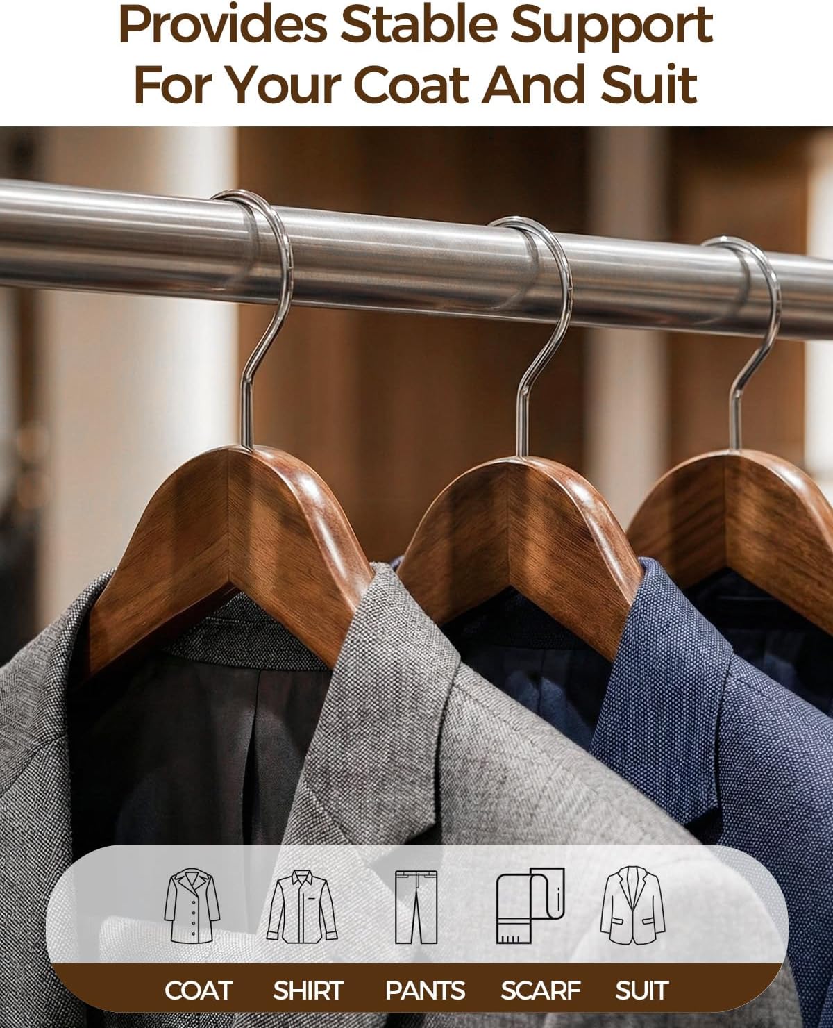 Premium Wooden Hangers 6-Pack – Wide Shoulder Non-Slip Design for Coats, Jackets & Suits | 360° Rotating Closet Organizers | Durable & Space-Saving (Vintage Wood) - Image 7