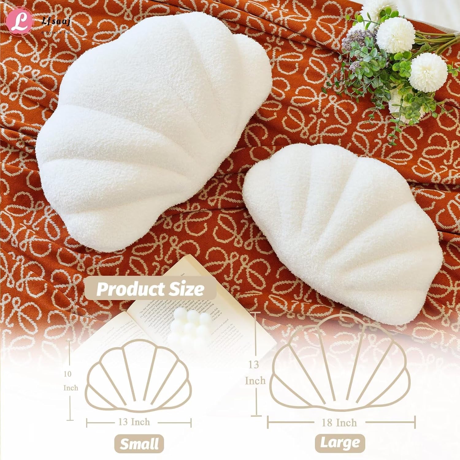 Ivory Seashell Throw Pillows, Shell Shaped Throw Pillows, 13 Inch Soft Home Decorative Pillow Plush Cushion for Bed Couch Living Sofa Room Decor Accent Throw Pillow - Image 3