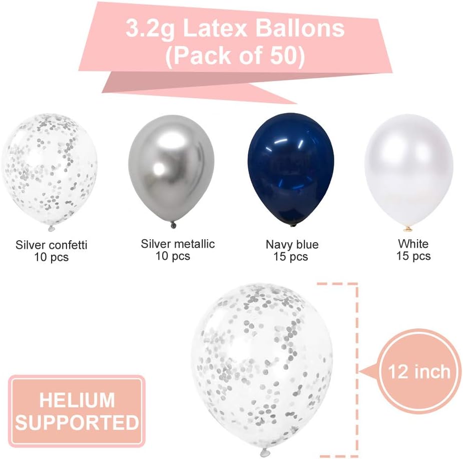 Navy Blue and Silver Confetti Balloons 50 pcs, 12 inch White Pearl and Silver Metallic Chrome Party Balloons for 2026 Graduation Party Decorations - Image 2