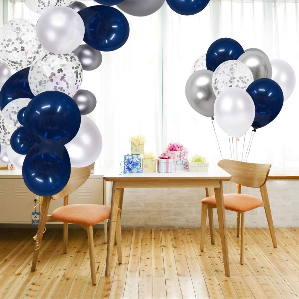 Navy Blue and Silver Confetti Balloons 50 pcs, 12 inch White Pearl and Silver Metallic Chrome Party Balloons for 2026 Graduation Party Decorations - Image 5