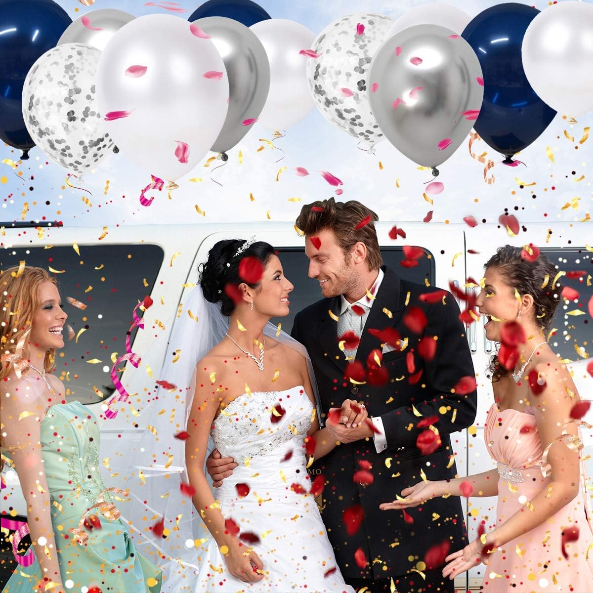 Navy Blue and Silver Confetti Balloons 50 pcs, 12 inch White Pearl and Silver Metallic Chrome Party Balloons for 2026 Graduation Party Decorations - Image 7