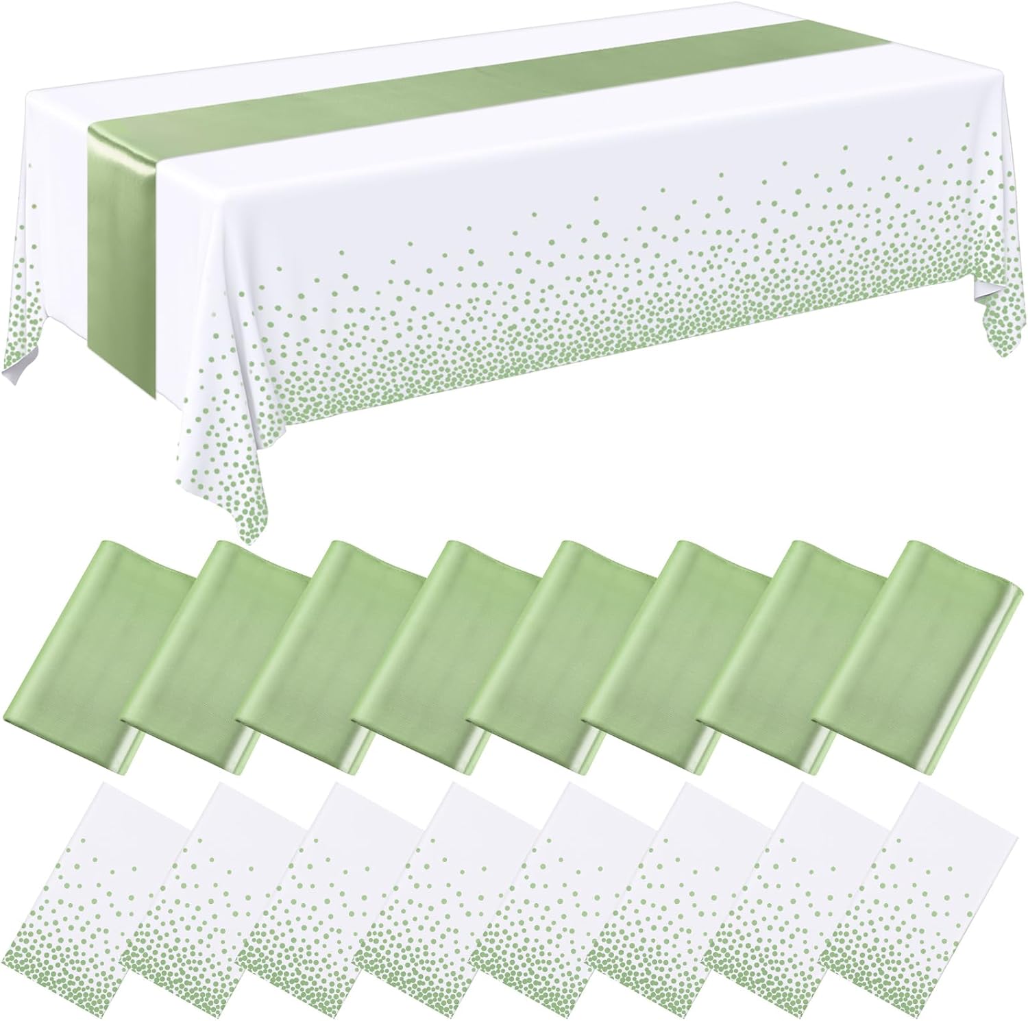 16 Pcs White and Sage Green Disposable Plastic Tablecloths and Satin Table Runner Set 54x108 Inch Tablecloth 12x108 Inch Table Runners for New Year Wedding Birthday Baby Shower Graduation - Image 1