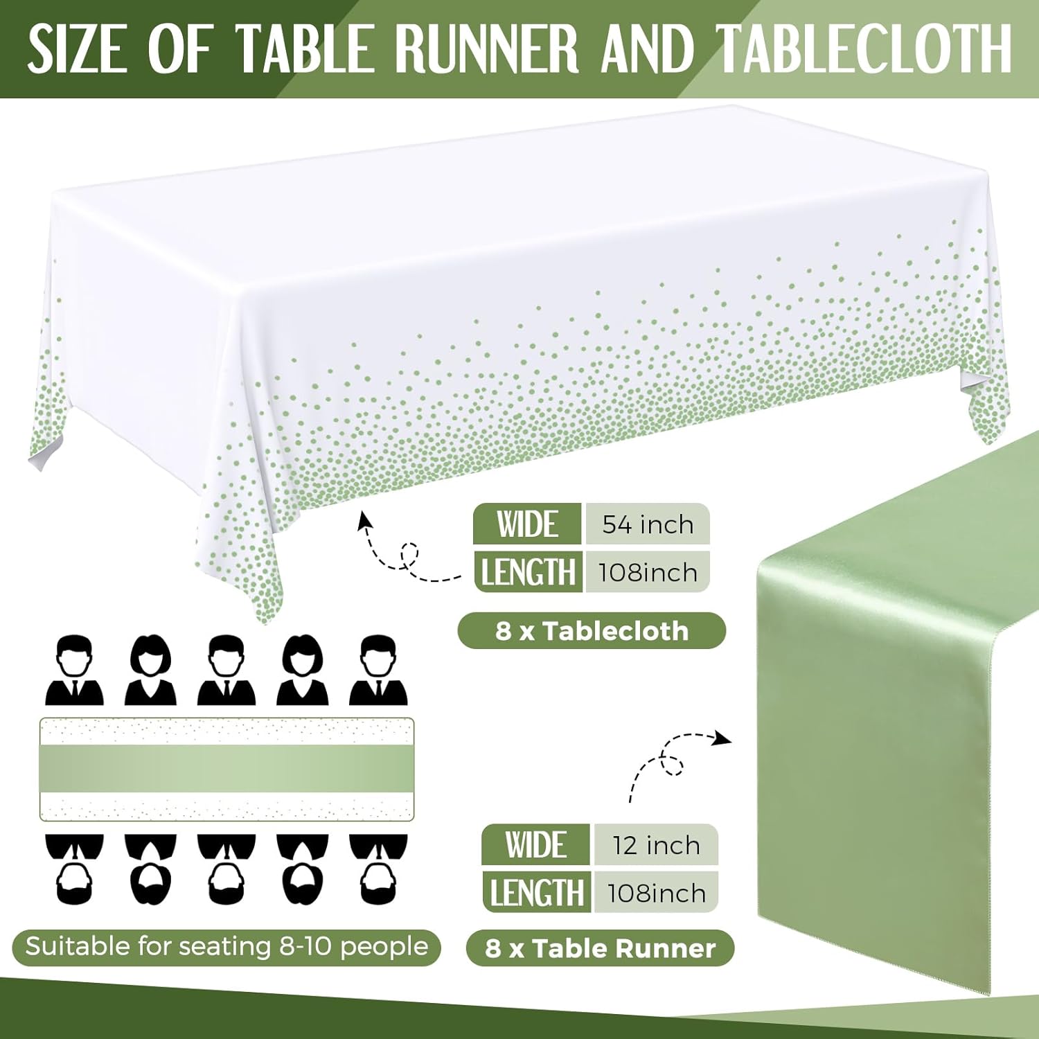 16 Pcs White and Sage Green Disposable Plastic Tablecloths and Satin Table Runner Set 54x108 Inch Tablecloth 12x108 Inch Table Runners for New Year Wedding Birthday Baby Shower Graduation - Image 2