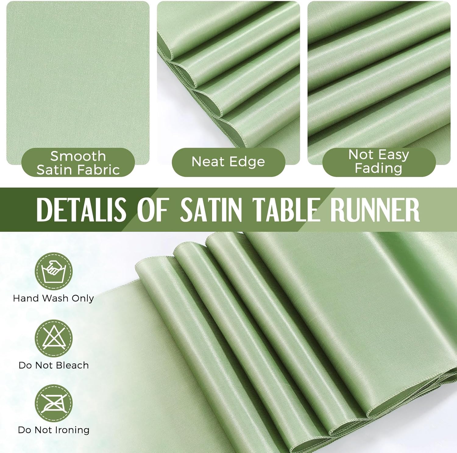 16 Pcs White and Sage Green Disposable Plastic Tablecloths and Satin Table Runner Set 54x108 Inch Tablecloth 12x108 Inch Table Runners for New Year Wedding Birthday Baby Shower Graduation - Image 4