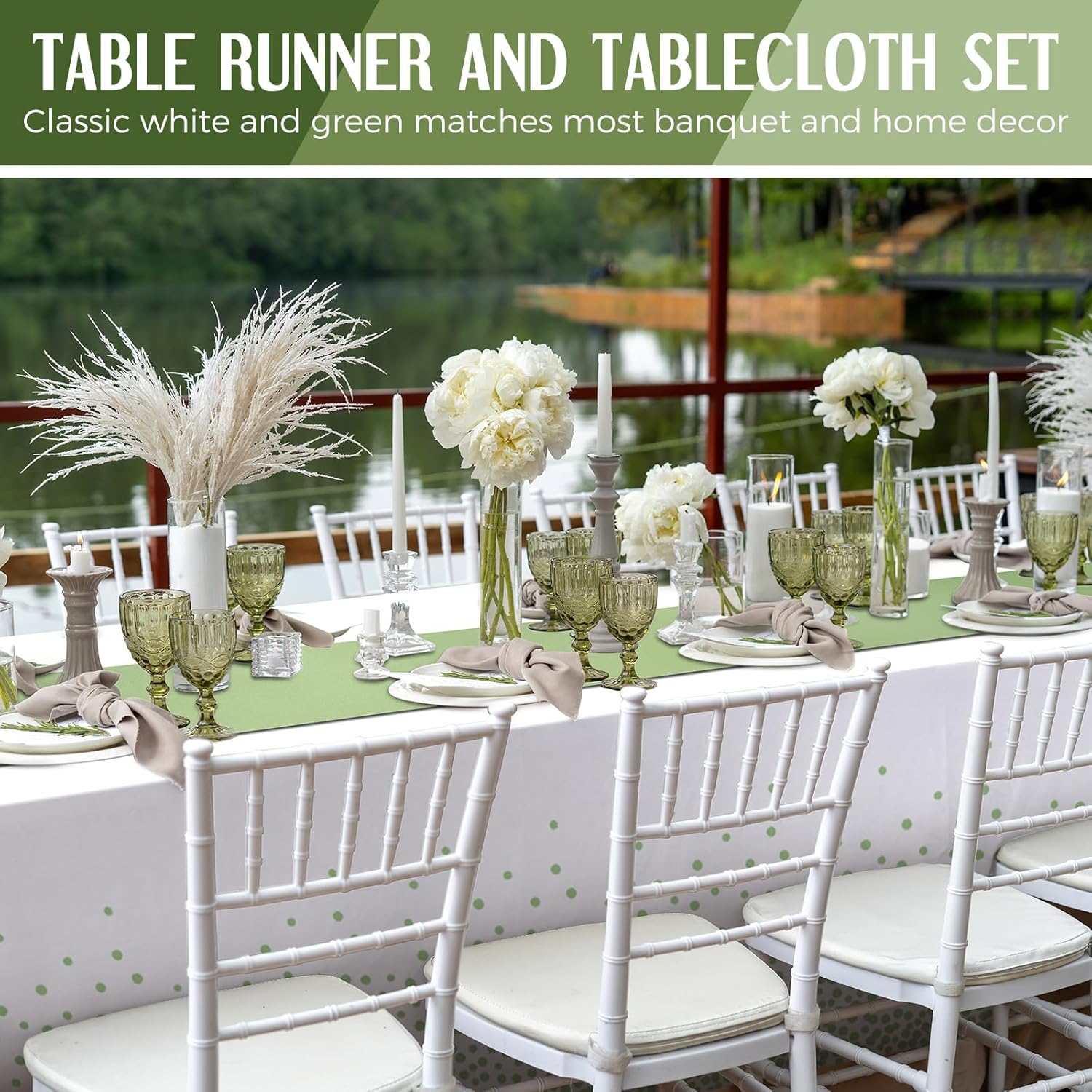 16 Pcs White and Sage Green Disposable Plastic Tablecloths and Satin Table Runner Set 54x108 Inch Tablecloth 12x108 Inch Table Runners for New Year Wedding Birthday Baby Shower Graduation - Image 5