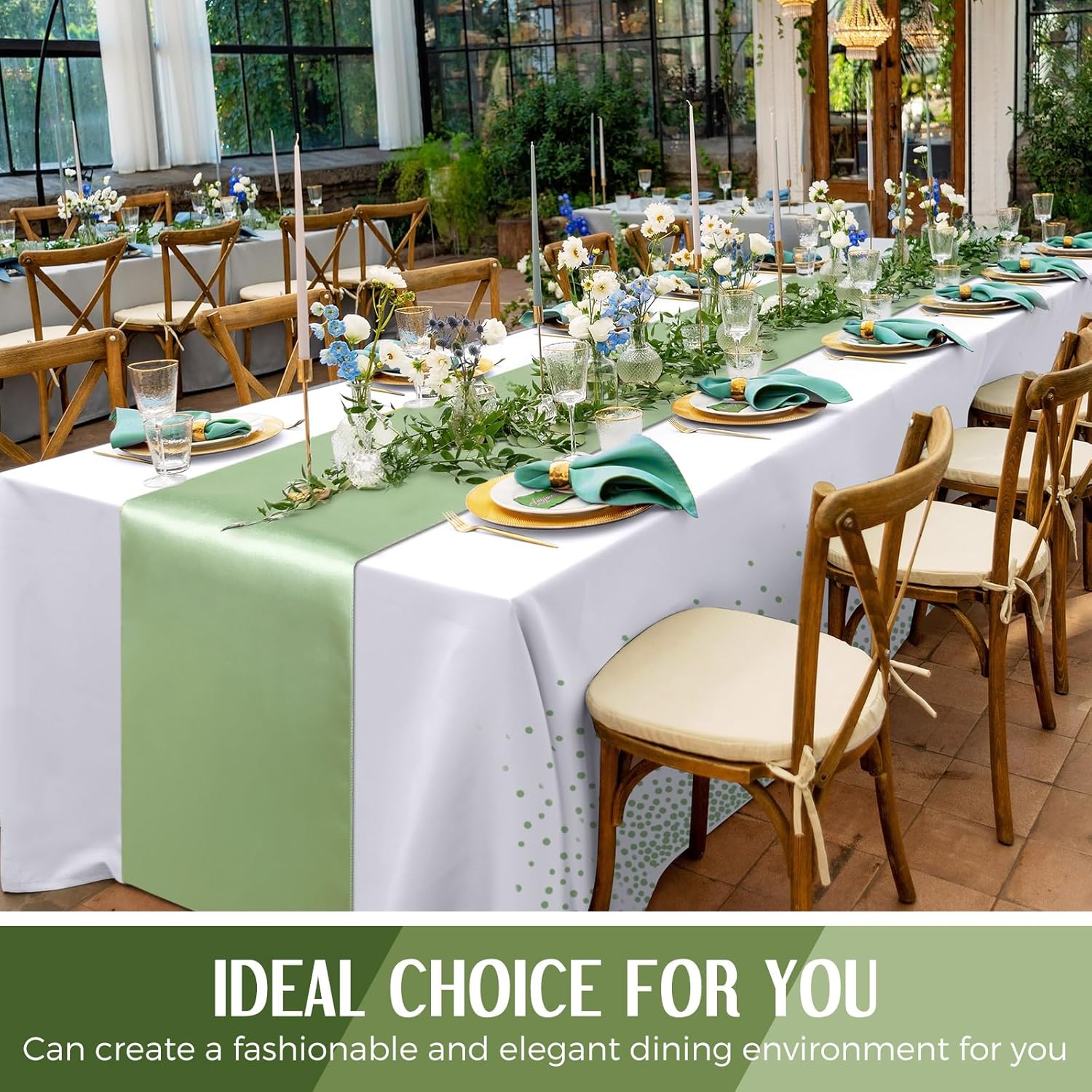 16 Pcs White and Sage Green Disposable Plastic Tablecloths and Satin Table Runner Set 54x108 Inch Tablecloth 12x108 Inch Table Runners for New Year Wedding Birthday Baby Shower Graduation - Image 6