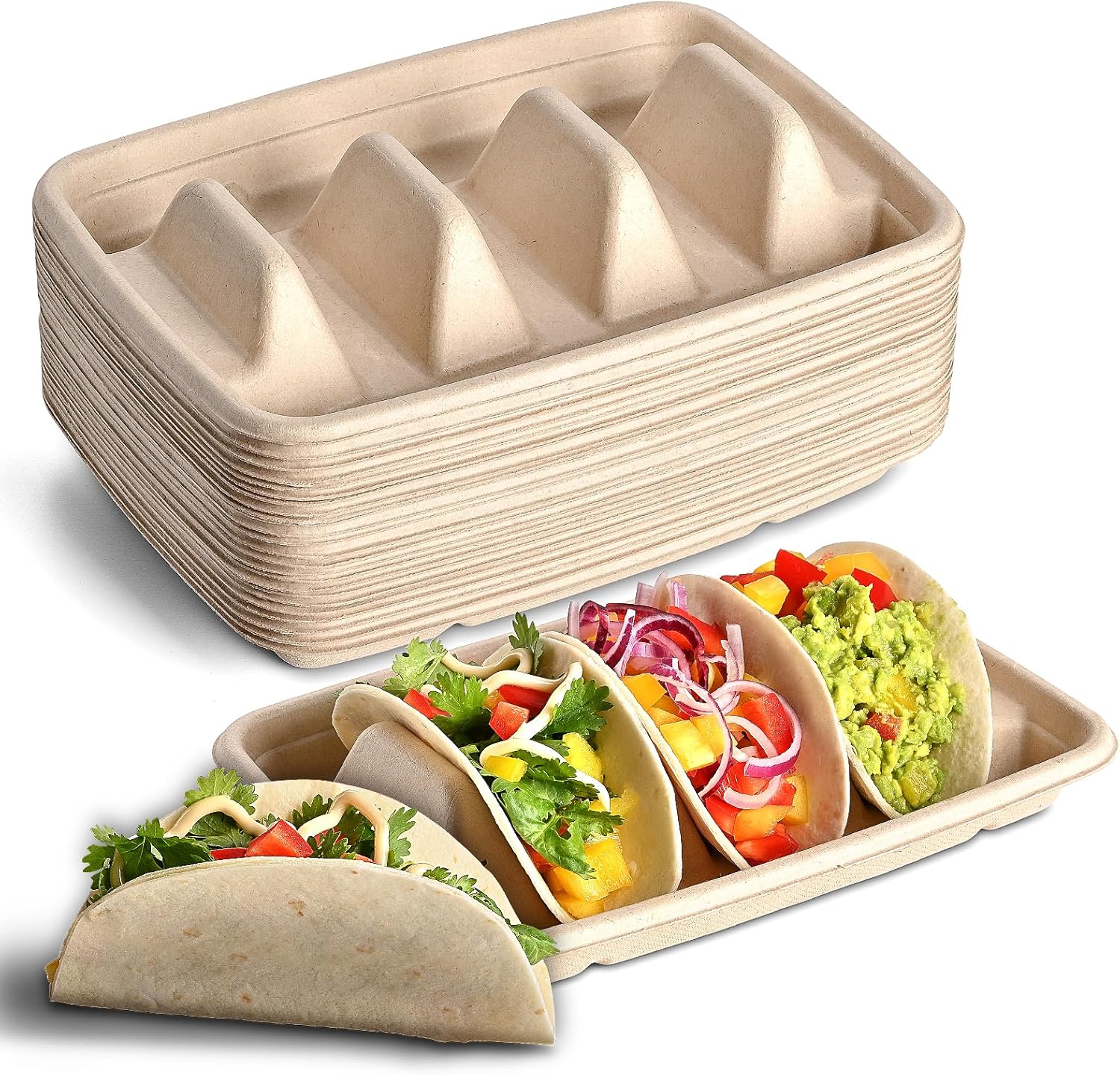 24PCS Disposable Taco Holders for Party, Premium Paper Taco Plates with 3 Dividers, Fiesta Tacos Holder Tray for Taco Tuesday Bar Serving Set, Decorations Supplies - Image 1