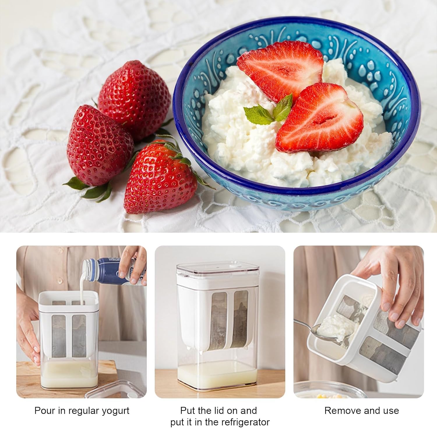 Greek Yogurt Strainer, 1100ml Multi Yoghurt Maker Strainer with Fine Mesh Bag & Lid for Thick Greek Yogurt, Soybean Milk, Kefir, Berries, Soup, Fruit Juice, Coffee - Image 4