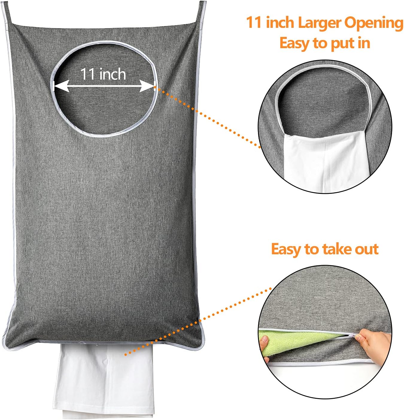 XL Hanging Laundry Hamper, Extra Large Tear-resistance Door Hamper with 2 Types Hooks for Dirty Clothes, Save Bathroom Space Hanging Laundry Bag (36.5x 22 Inch,Grey) - Image 3