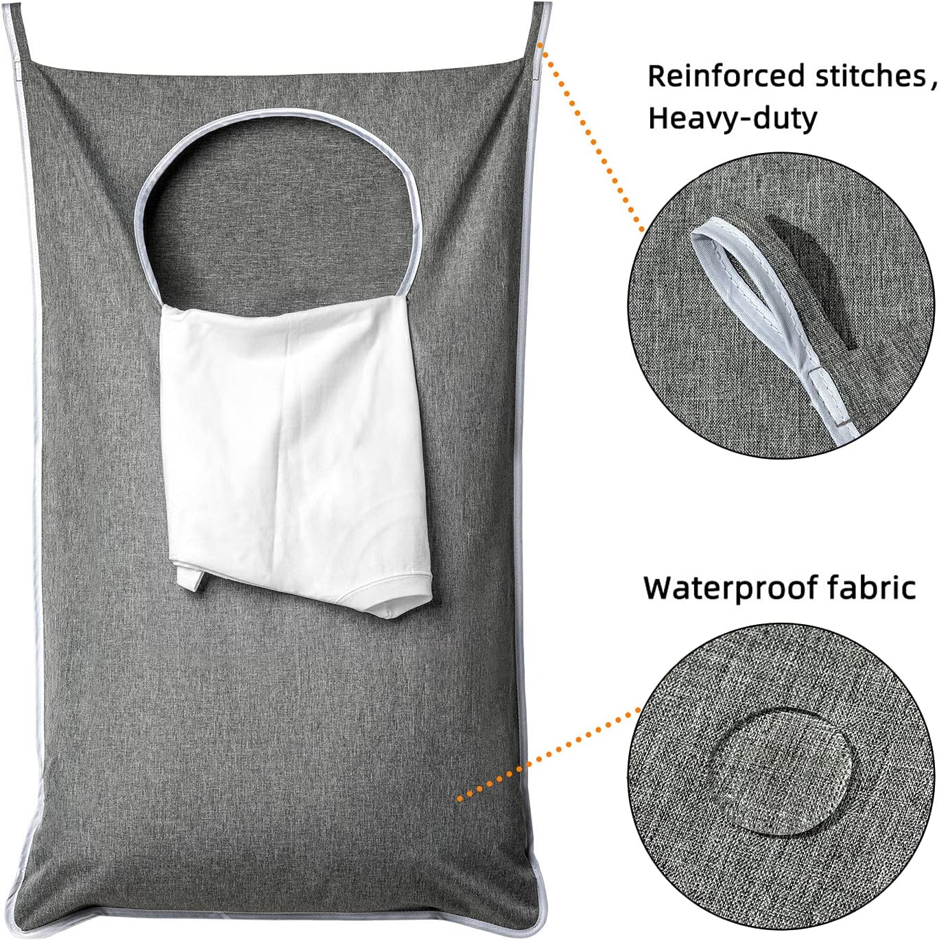 XL Hanging Laundry Hamper, Extra Large Tear-resistance Door Hamper with 2 Types Hooks for Dirty Clothes, Save Bathroom Space Hanging Laundry Bag (36.5x 22 Inch,Grey) - Image 5