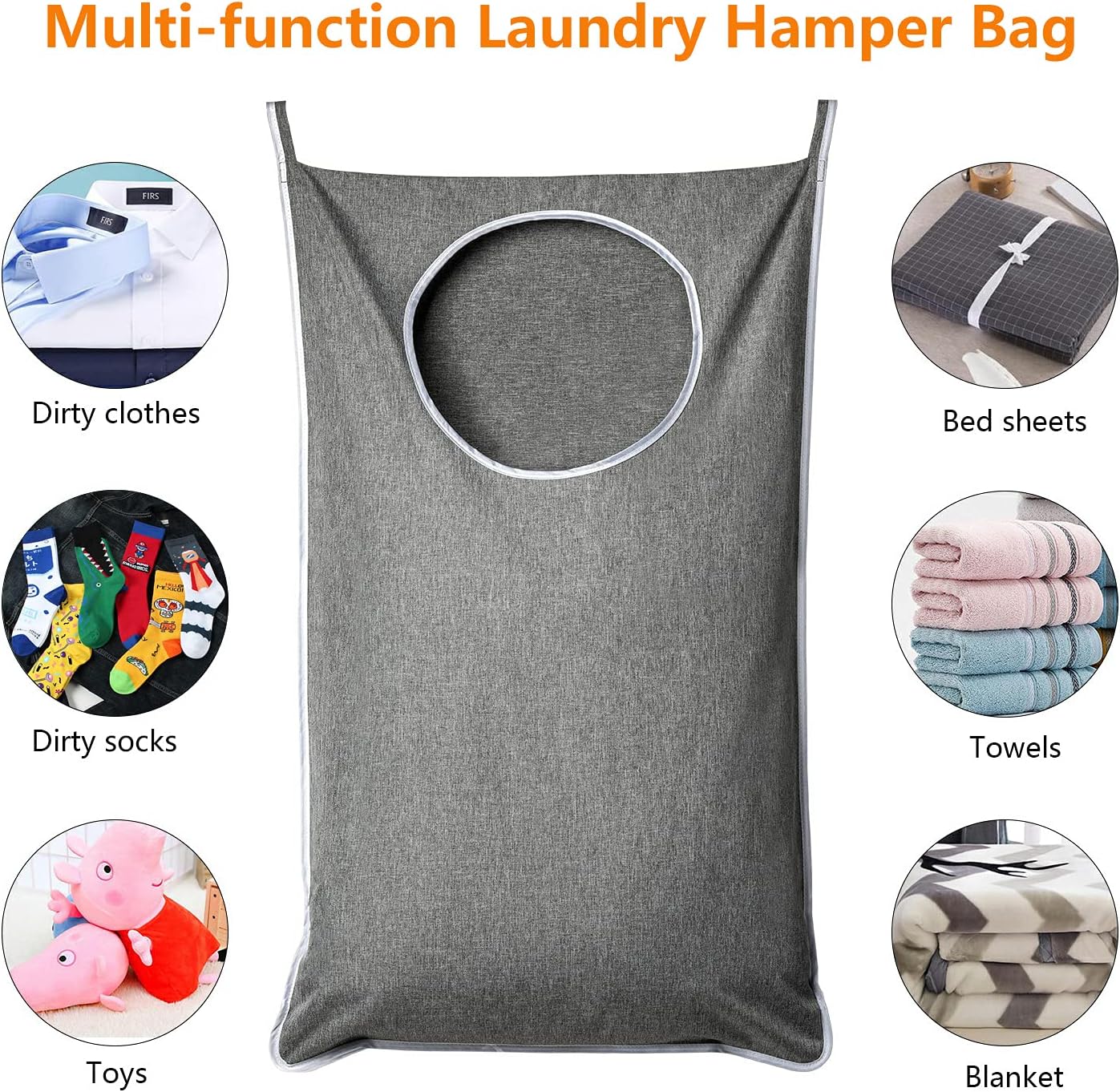 XL Hanging Laundry Hamper, Extra Large Tear-resistance Door Hamper with 2 Types Hooks for Dirty Clothes, Save Bathroom Space Hanging Laundry Bag (36.5x 22 Inch,Grey) - Image 6