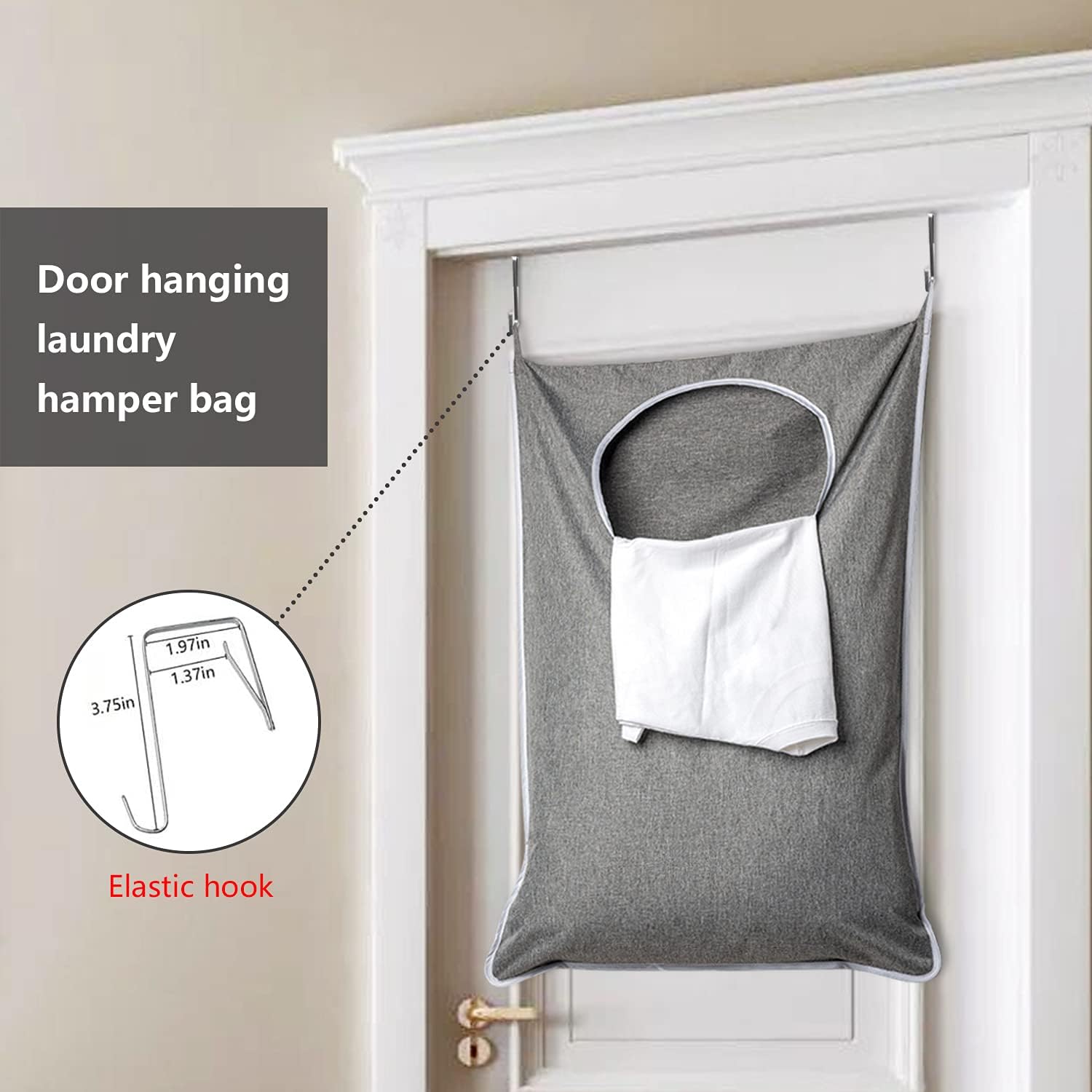 XL Hanging Laundry Hamper, Extra Large Tear-resistance Door Hamper with 2 Types Hooks for Dirty Clothes, Save Bathroom Space Hanging Laundry Bag (36.5x 22 Inch,Grey) - Image 7