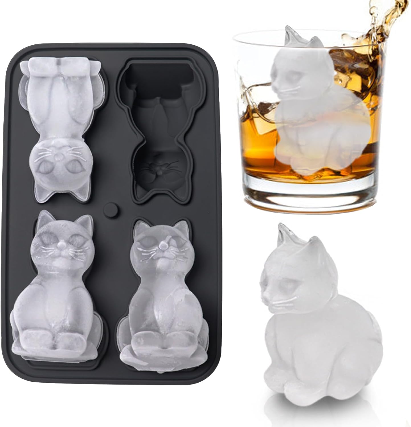 3D Cat Ice Cube Mold,  Ice Cube Tray with Funnel with Funnel for Cocktails, Bourbon,Brandy, Whiskey Gifts for Men, Silicone Fun Shapes Black Cute (CAT) - Image 1