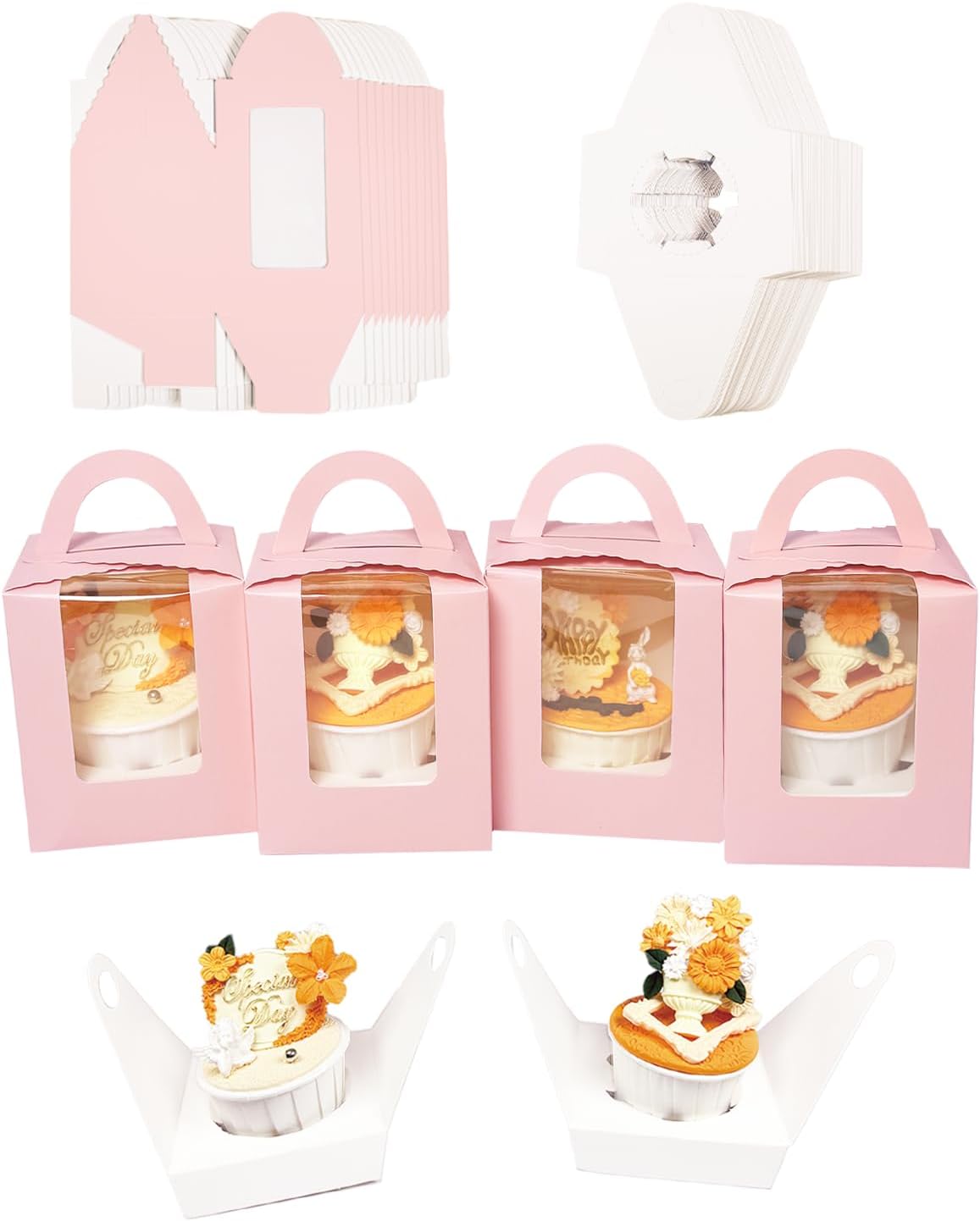 Auto-pop up Individual Cupcake Boxes with Window 25 Count Pink Single Cupcakes Box 3.7 x 3.7 x 4.3inch Cupcake Carrier - Image 2